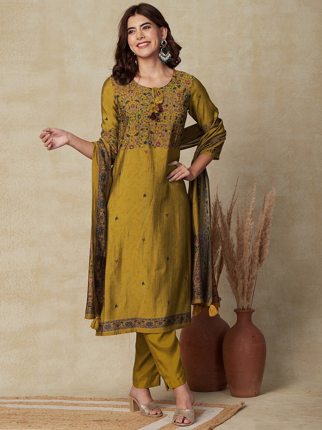 

FASHOR Mustard Floral Printed Straight Thread Work Kurta With Trousers & Dupatta