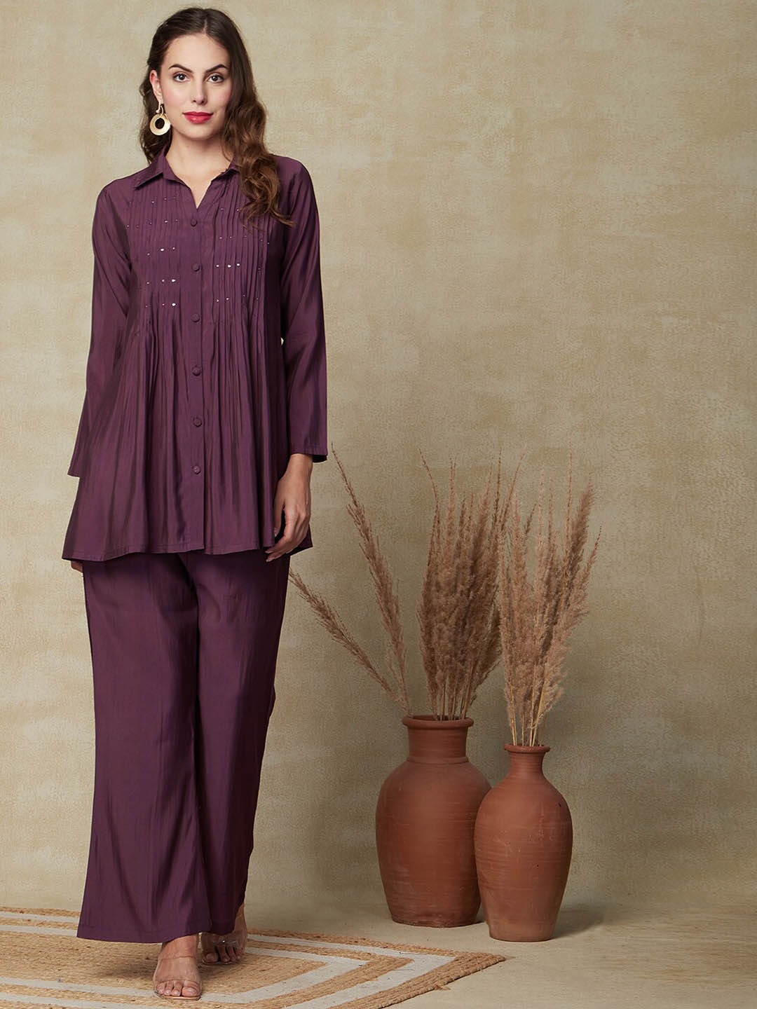 

FASHOR Purple Embellished Pleated Tunic & Trousers