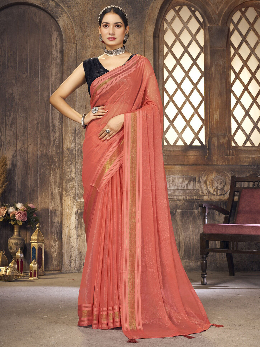 

V3 FASHION STUDIO Zari Pure Chiffon Saree, Pink