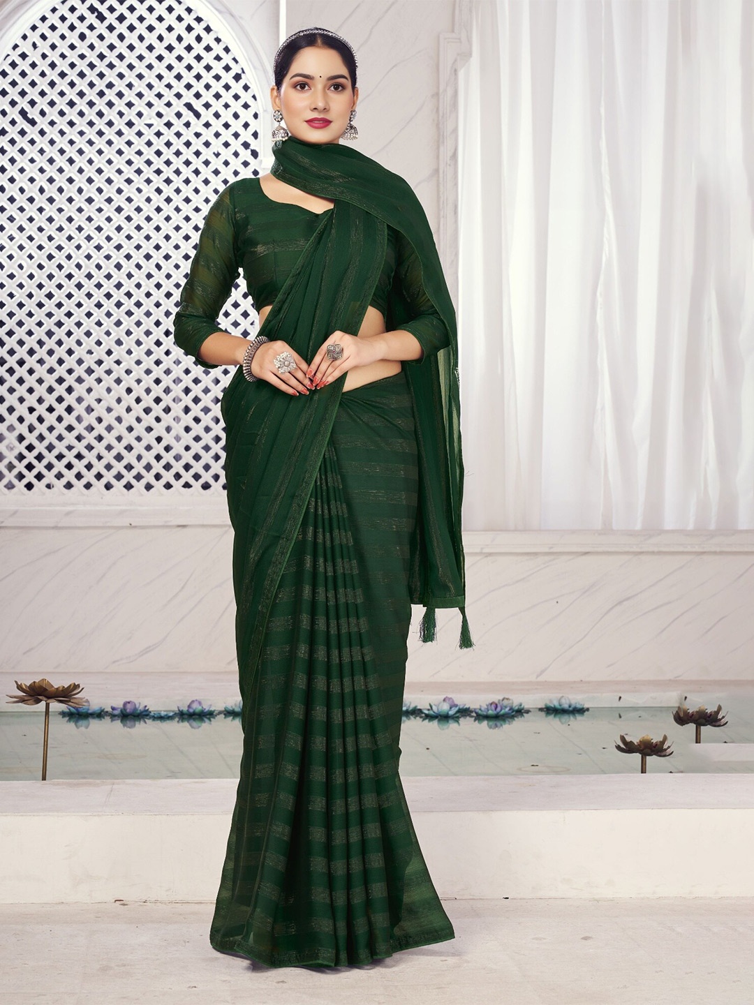 

V3 FASHION STUDIO Striped Zari Pure Chiffon Saree, Green