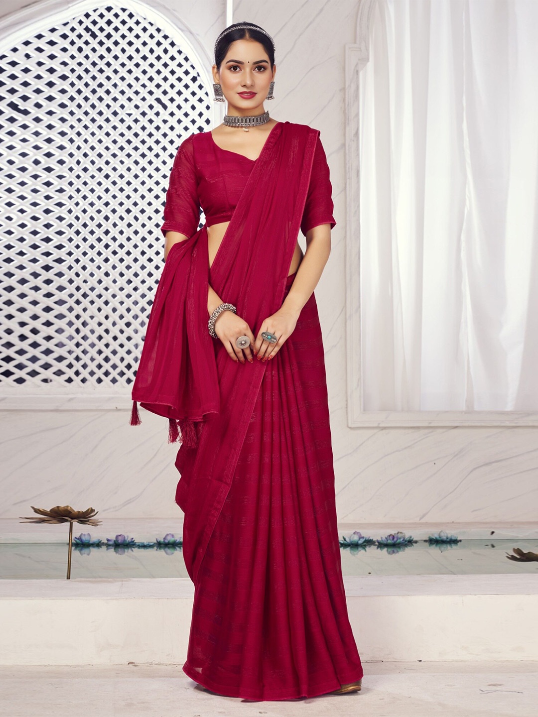 

V3 FASHION STUDIO Striped Woven Design Zari Pure Chiffon Banarasi Saree, Maroon