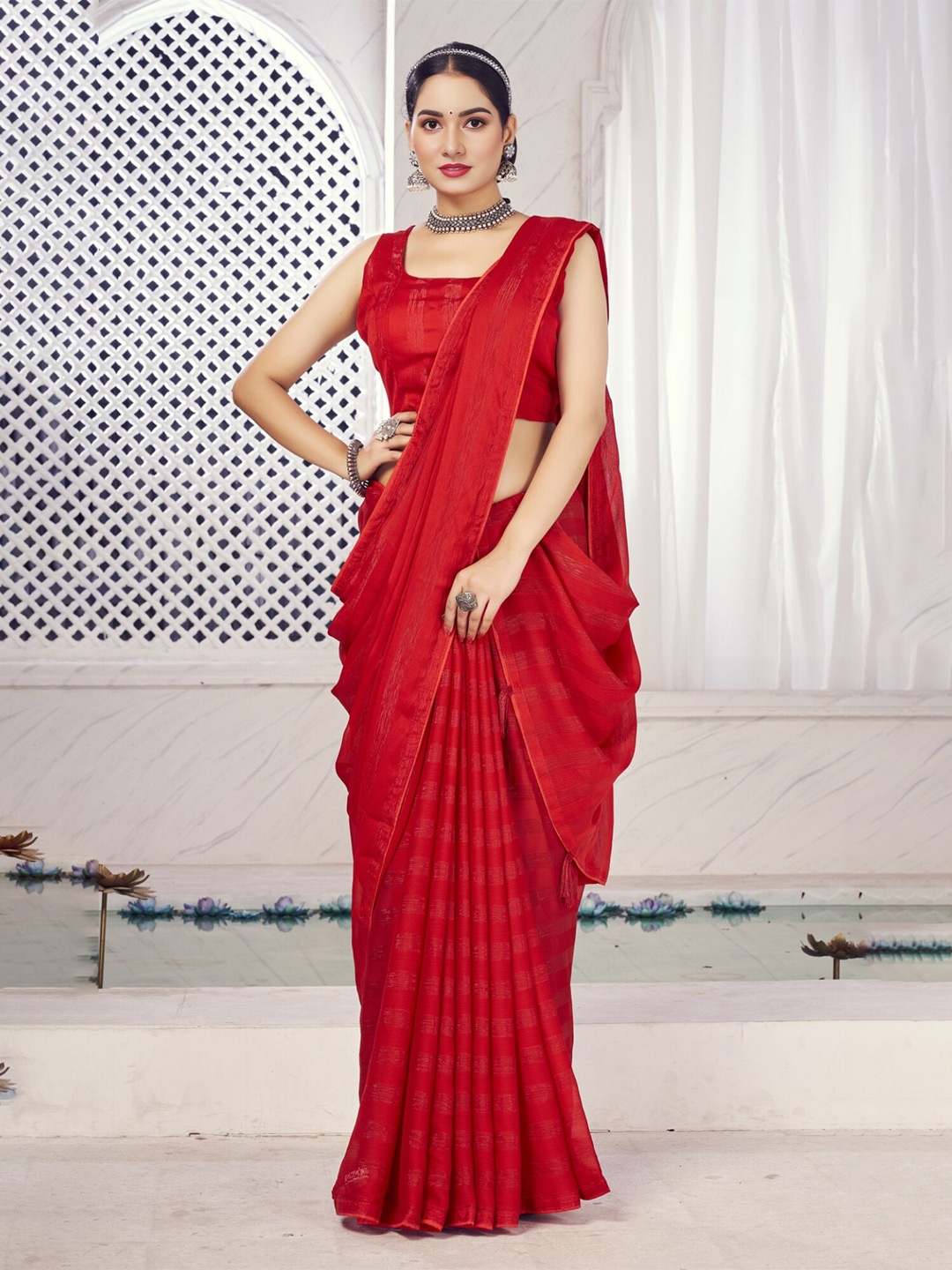 

V3 FASHION STUDIO Striped Zari Pure Chiffon Banarasi Saree, Red