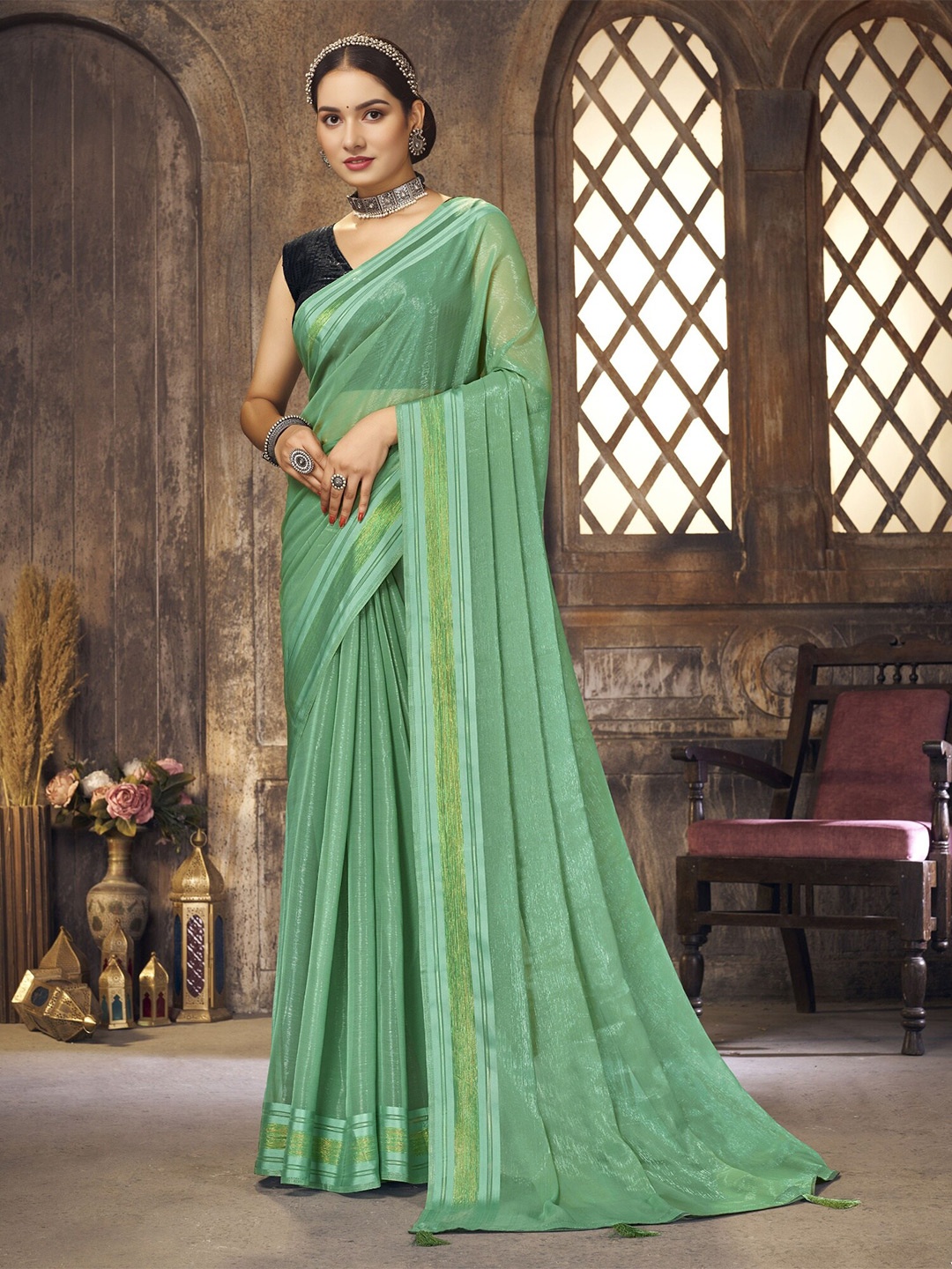 

V3 FASHION STUDIO Zari Pure Chiffon Saree, Green
