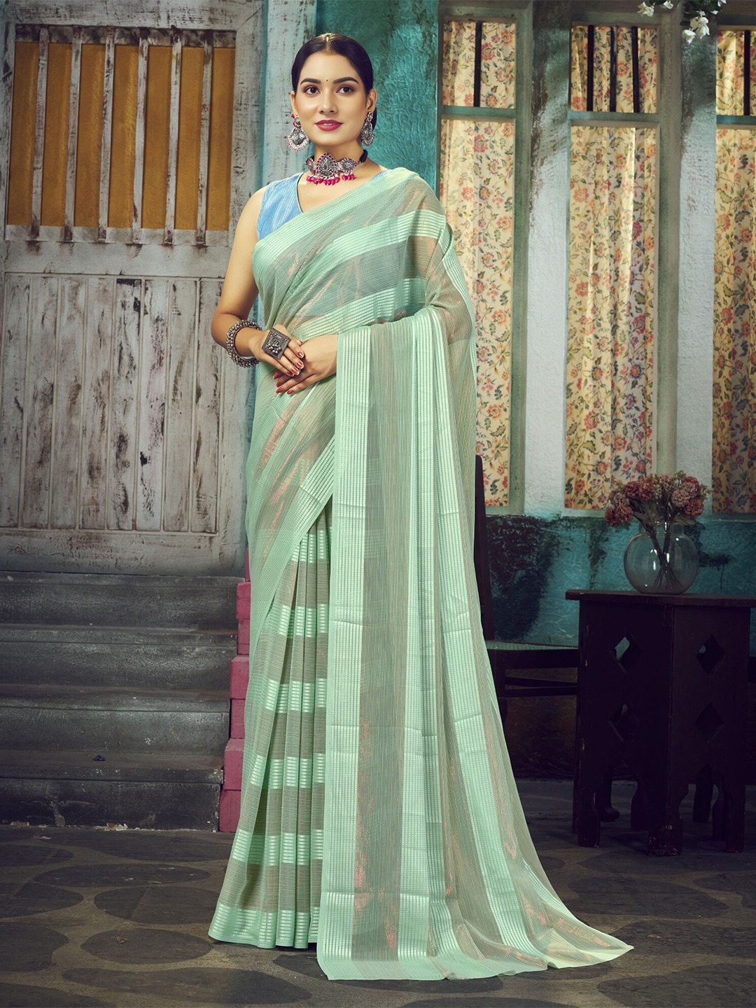 

V3 FASHION STUDIO Striped Zari Pure Chiffon Banarasi Saree, Blue