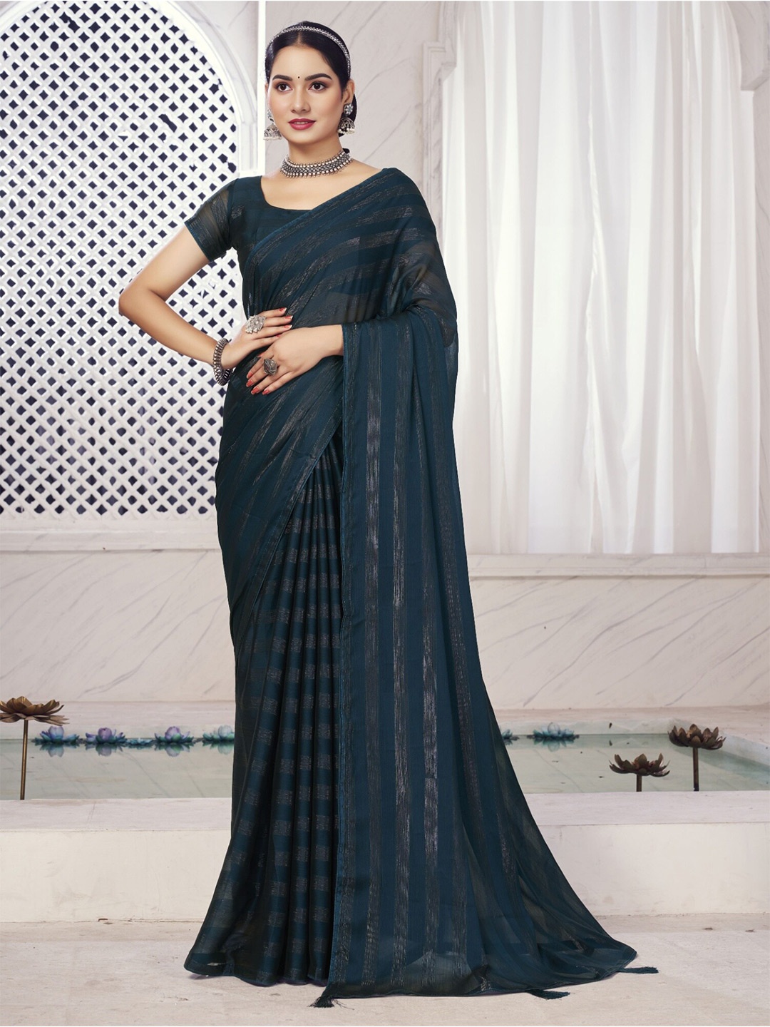 

V3 FASHION STUDIO Striped Zari Pure Chiffon Banarasi Saree, Navy blue