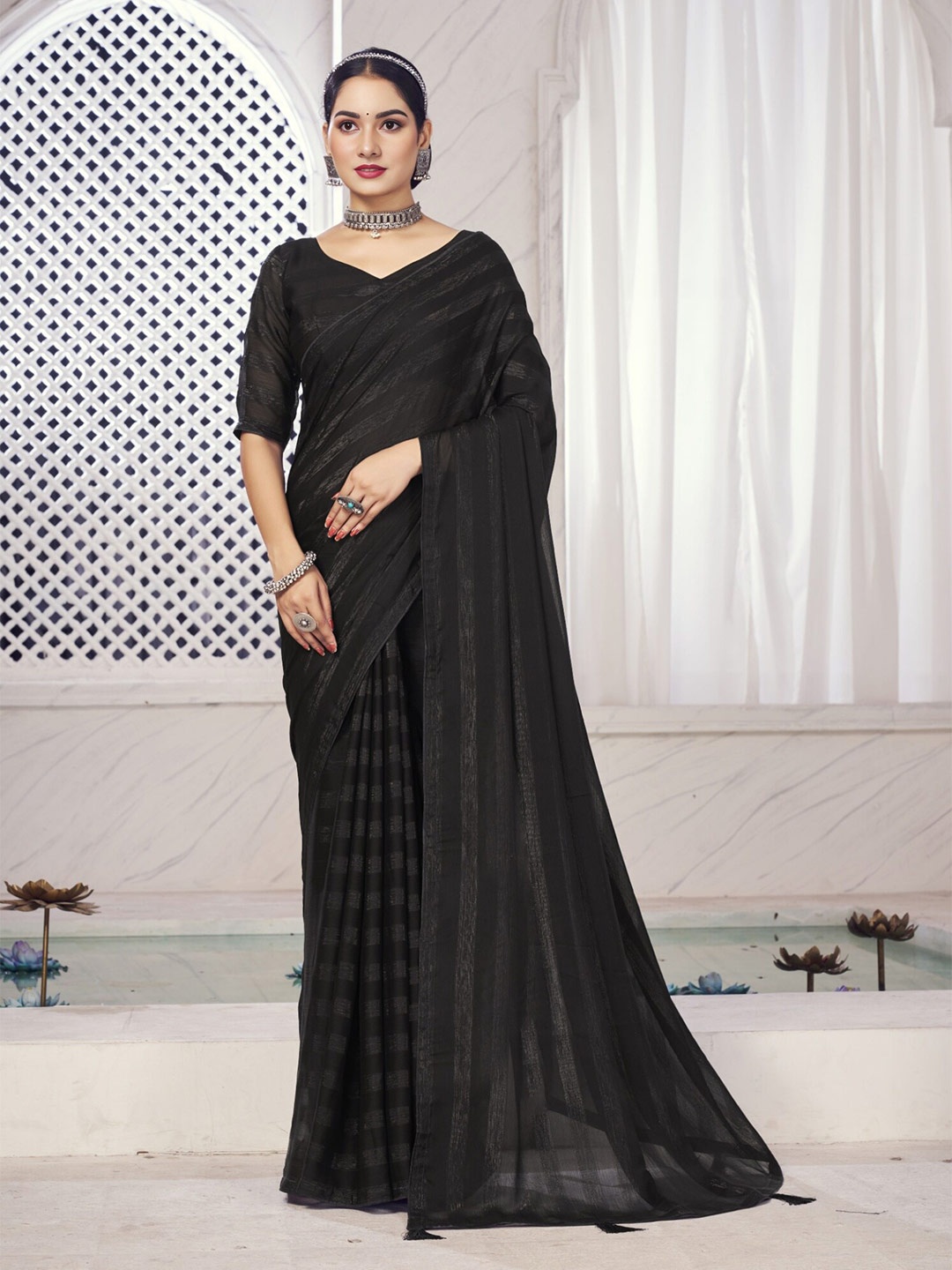 

V3 FASHION STUDIO Striped Zari Pure Chiffon Saree, Black