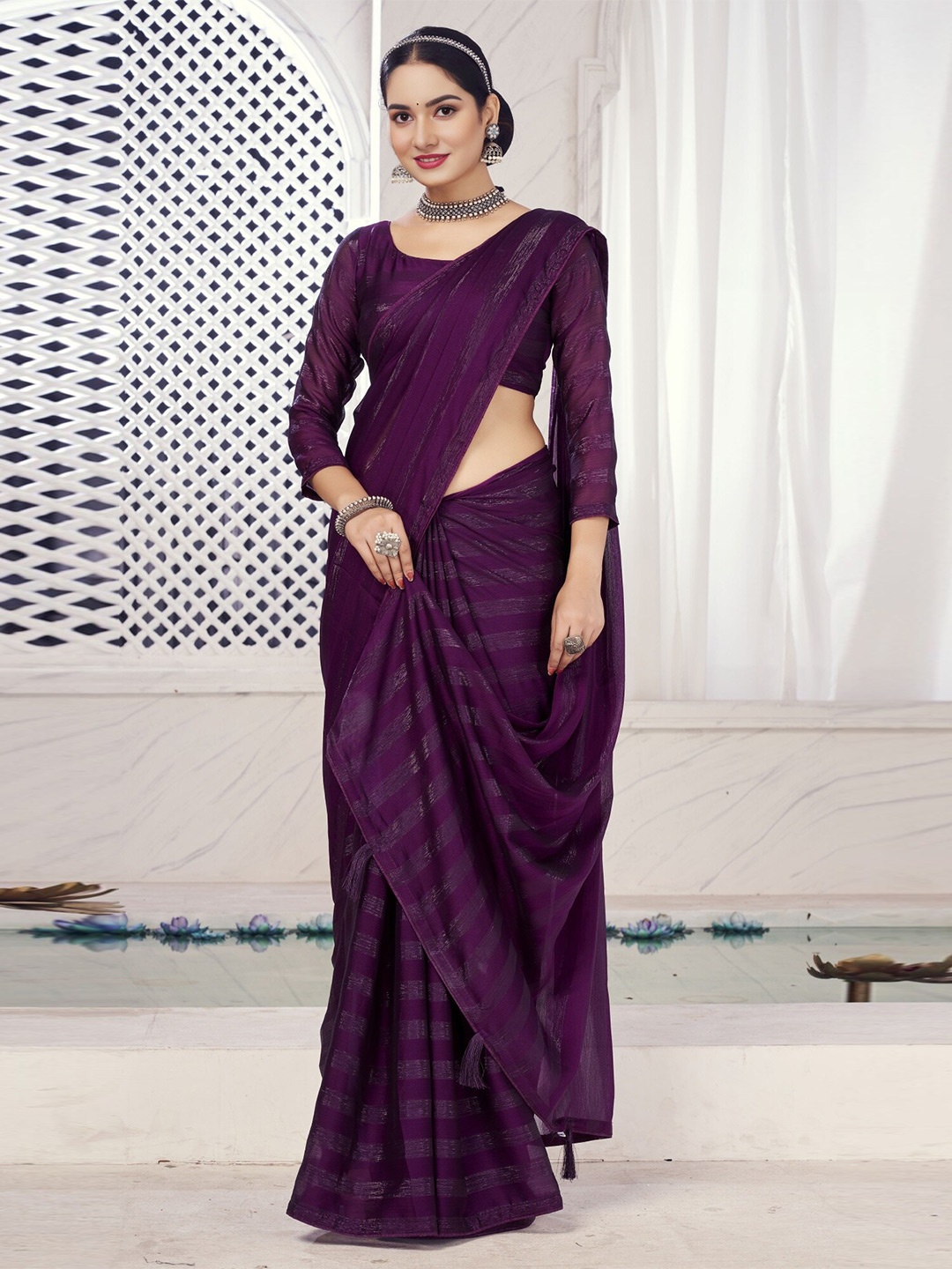 

V3 FASHION STUDIO Striped Zari Pure Chiffon Saree, Purple