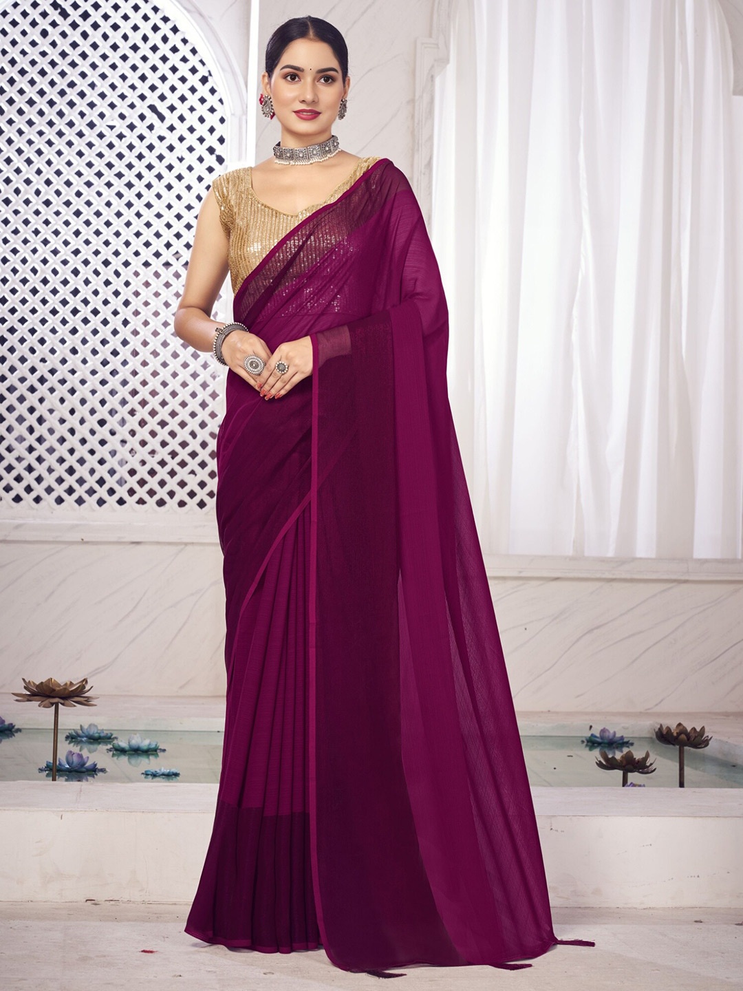 

V3 FASHION STUDIO Purple Pure Chiffon Saree