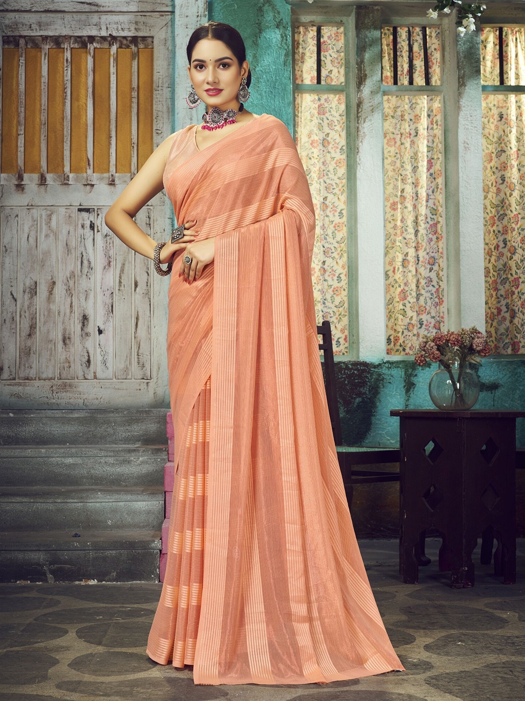 

V3 FASHION STUDIO Striped Woven Design Pure Chiffon Saree, Peach