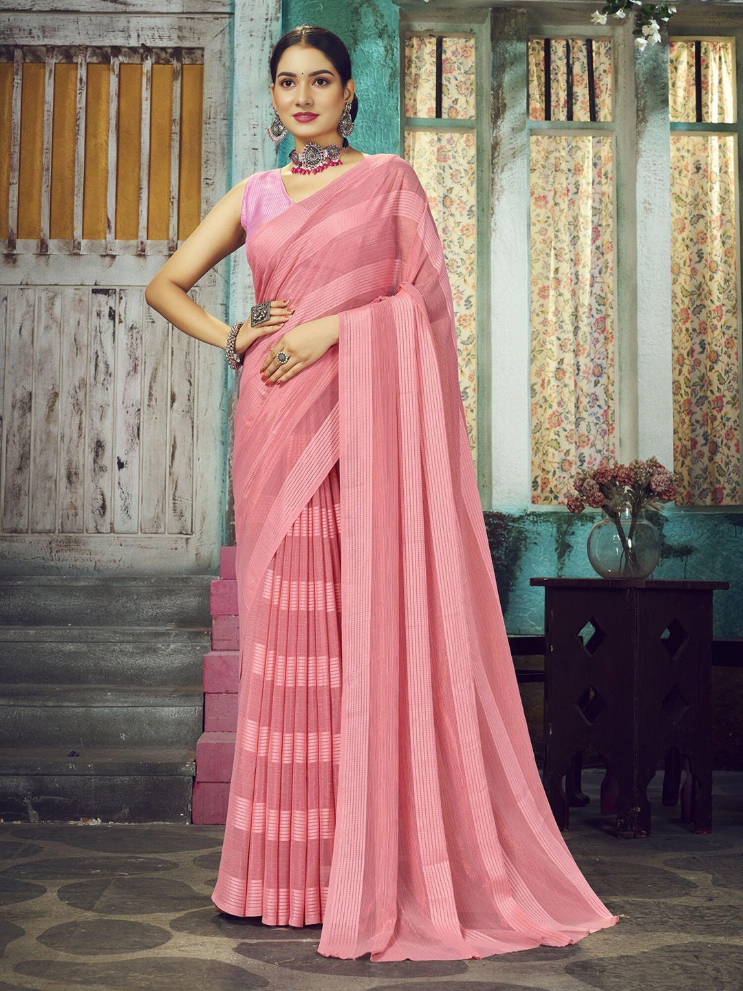 

V3 FASHION STUDIO Striped Woven Design Zari Pure Chiffon Saree, Pink