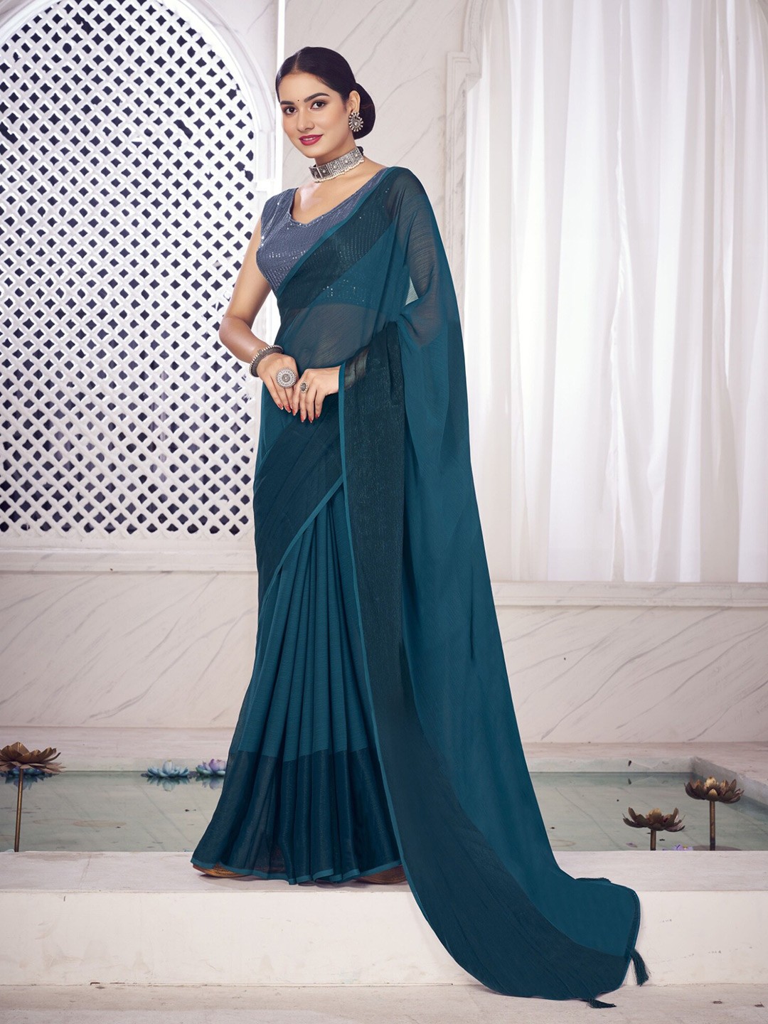 

V3 FASHION STUDIO Woven Design Sequinned Pure Chiffon Saree, Blue