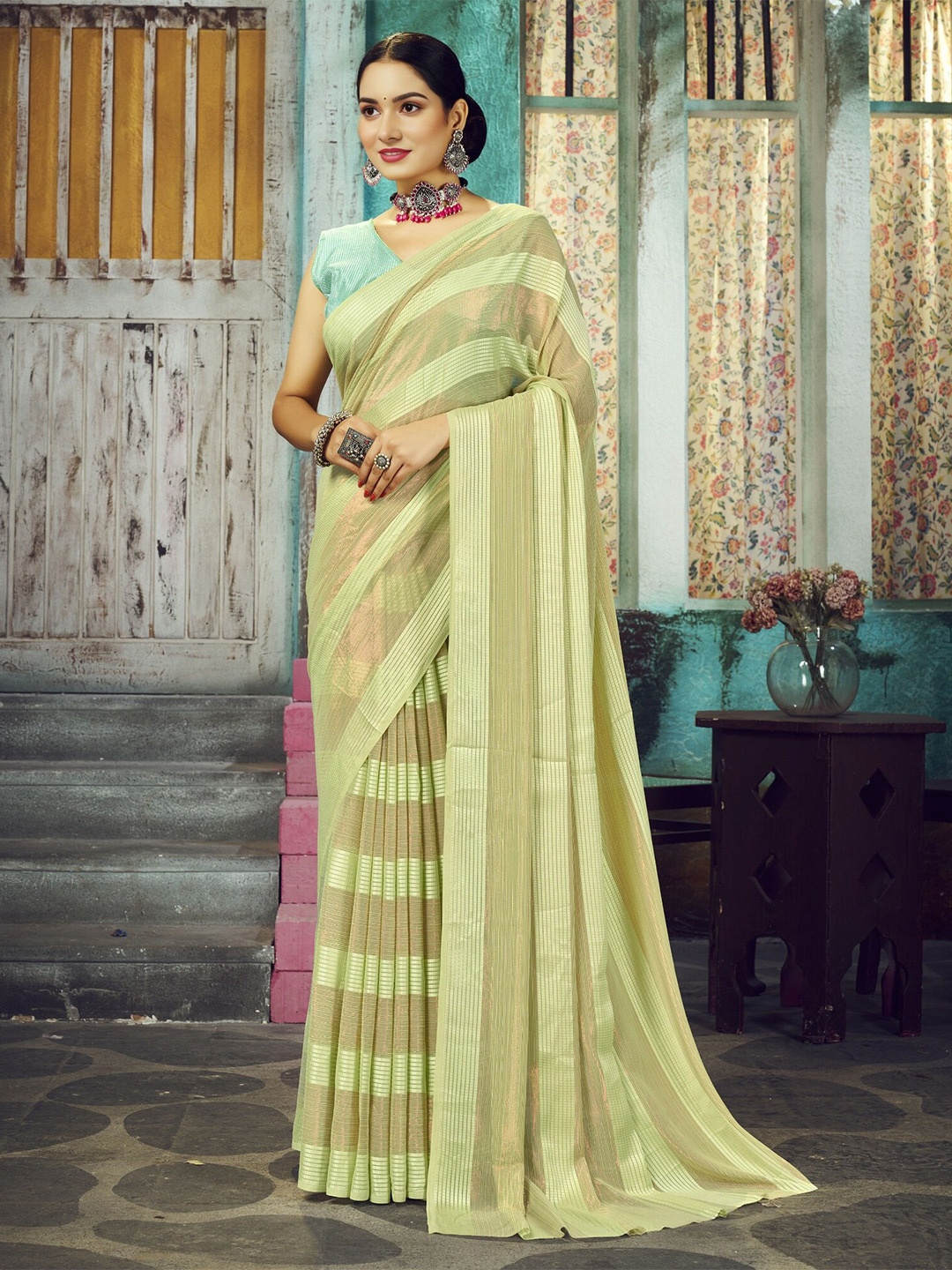

V3 FASHION STUDIO Striped Woven Design Pure Chiffon Banarasi Saree, Green