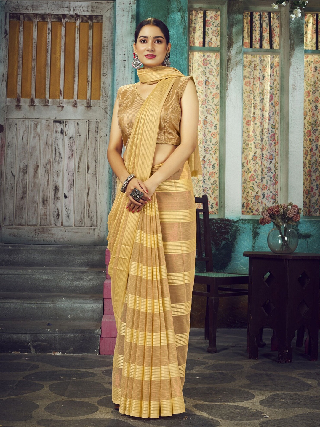 

V3 FASHION STUDIO Striped Woven Design Zari Pure Chiffon Saree, Yellow