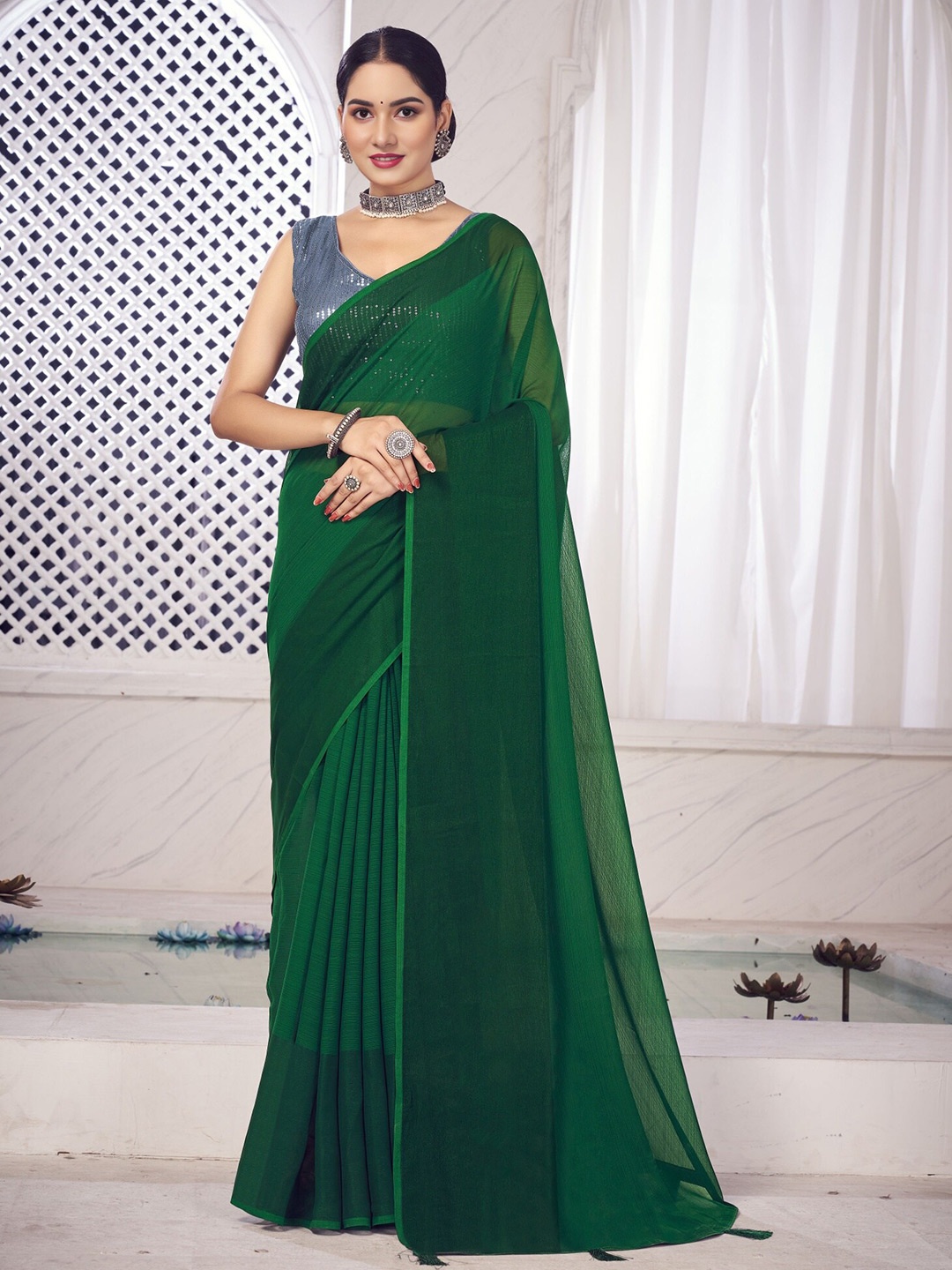 

V3 FASHION STUDIO Woven Design Sequinned Pure Chiffon Saree, Green