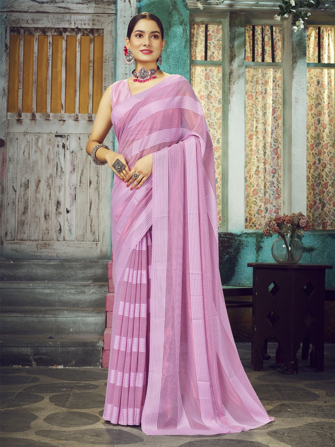 

V3 FASHION STUDIO Striped Woven Design Pure Chiffon Banarasi Saree, Purple