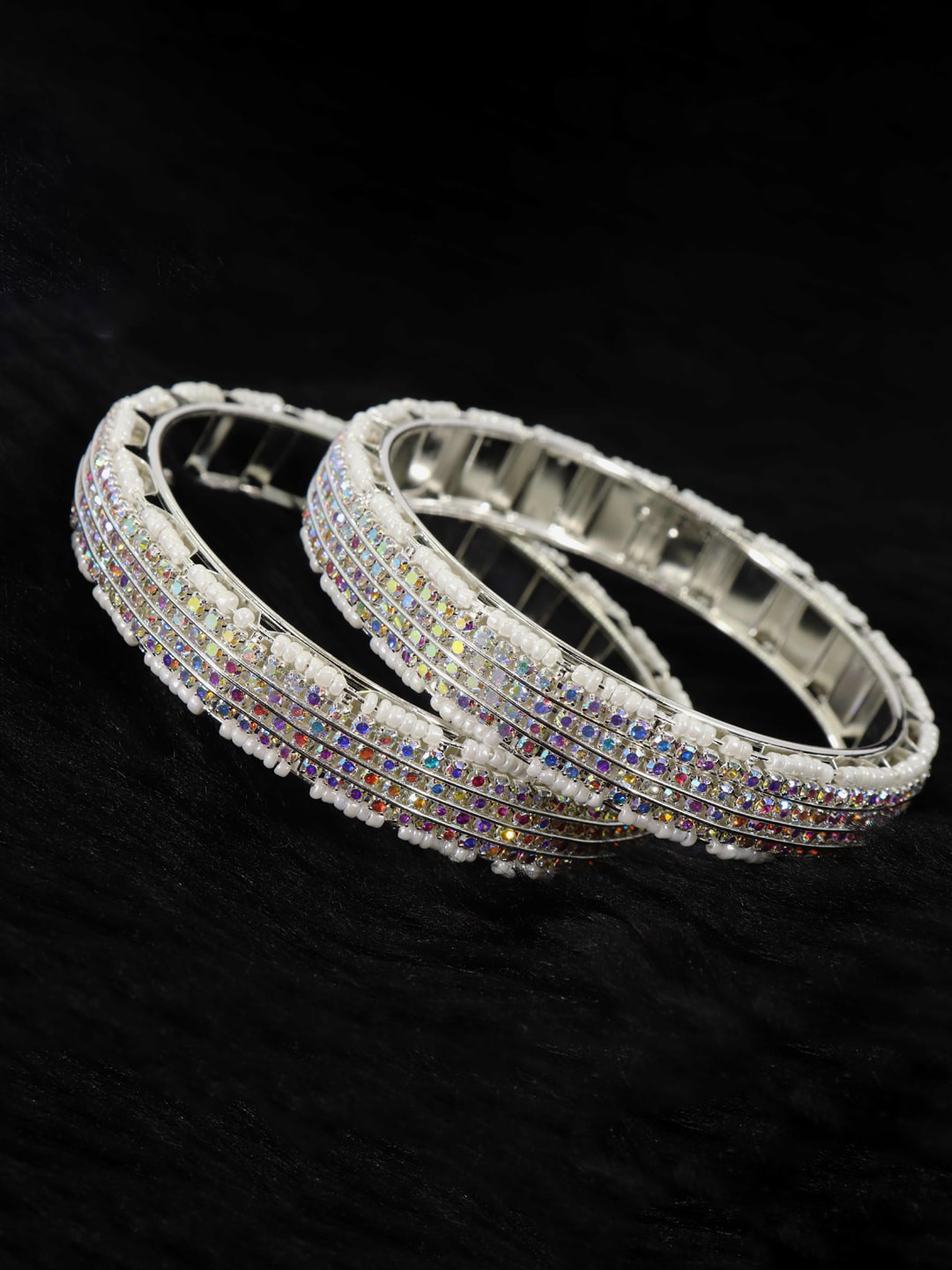 

NMII Set Of 2 American Diamond Studded & Beaded Bangles, Silver