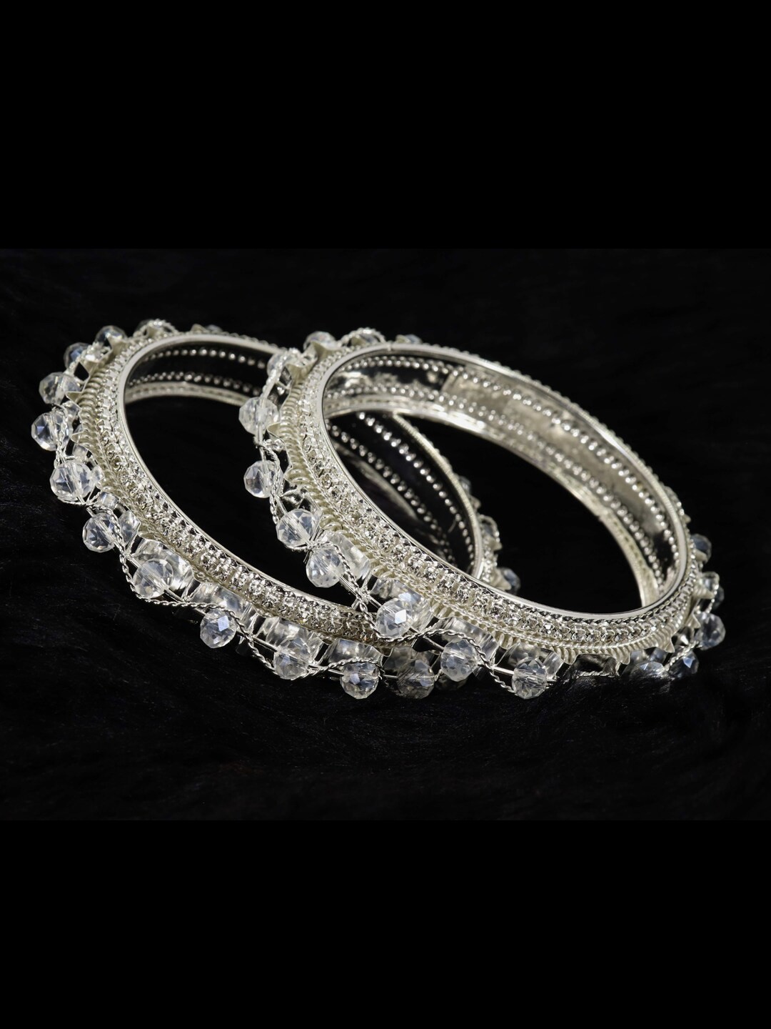 

NMII Set Of 2 American Diamond Studded & Beaded Bangles, Silver