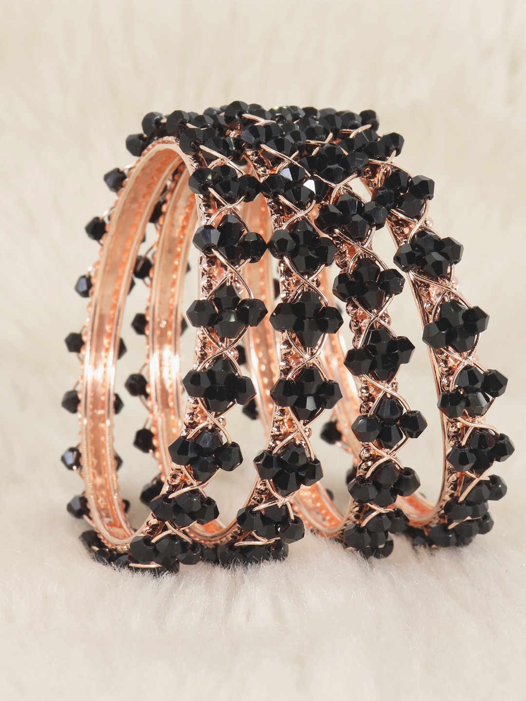 

NMII Set Of 4 Pearls Beaded Kada Bangles, Black