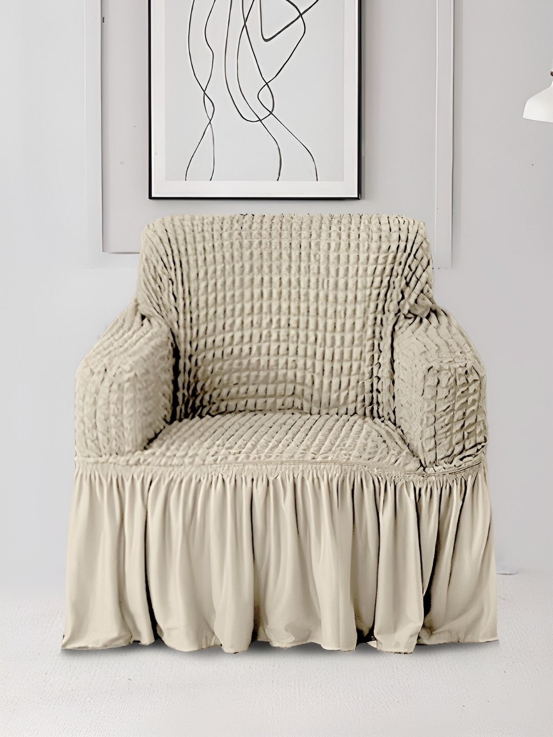 

Aura Beige Stretchable Bubble One Seater Sofa Cover With Skirt