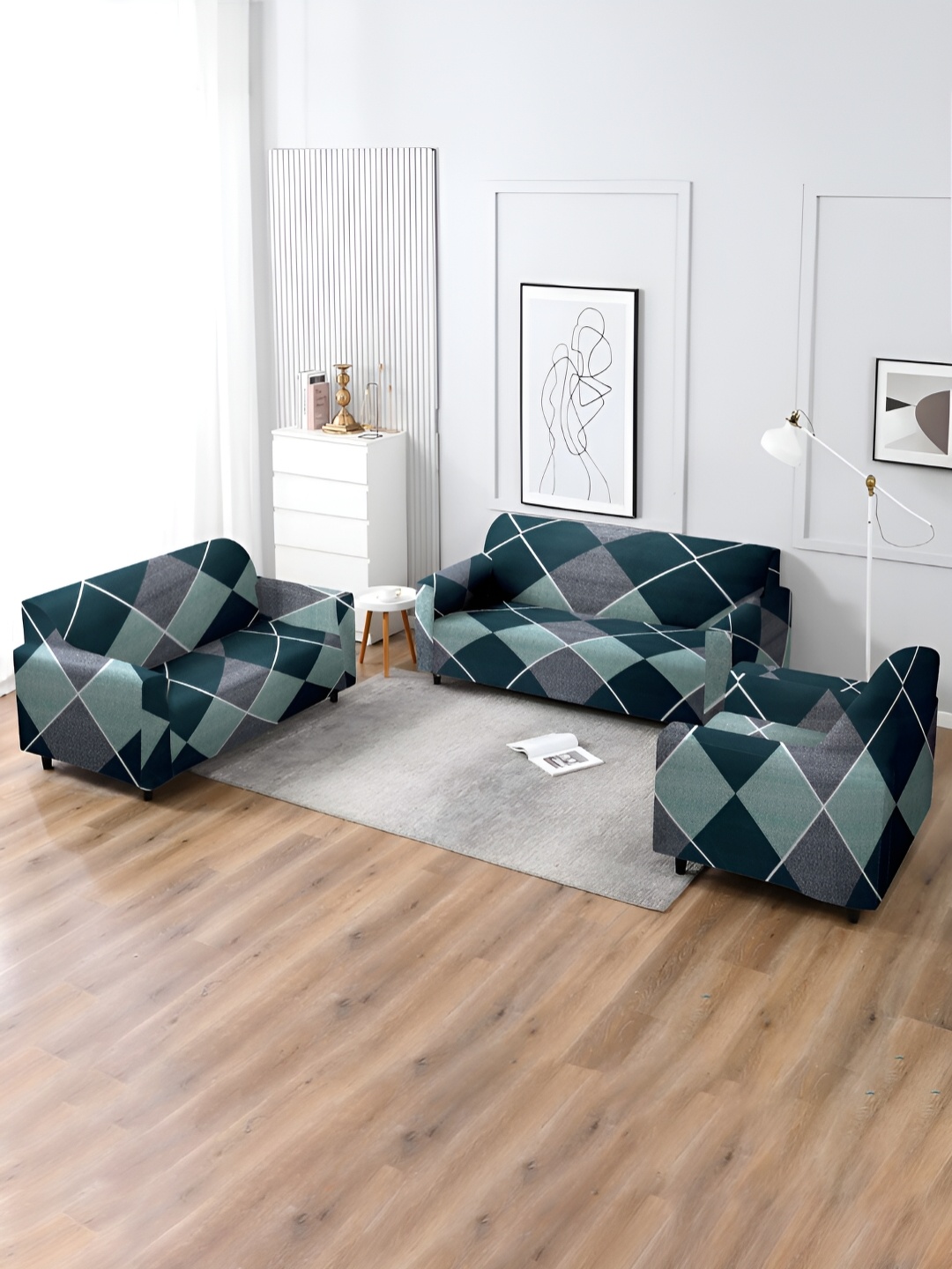 

Aura Green & Grey 3 Pieces Geometric Printed Strechable Sofa Covers