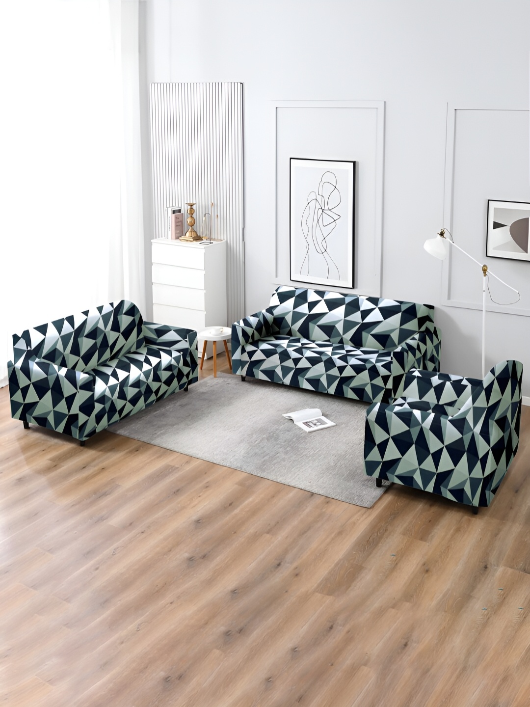 

Aura White & Green 3 Pieces Geometric Printed Strechable Sofa Covers