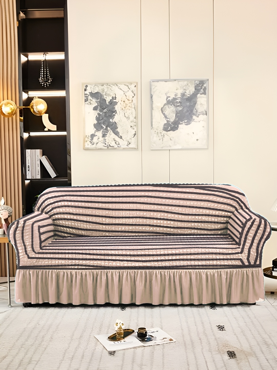

Aura Beige & Black Stretchable Bubble Two Seater Sofa Cover With Skirt