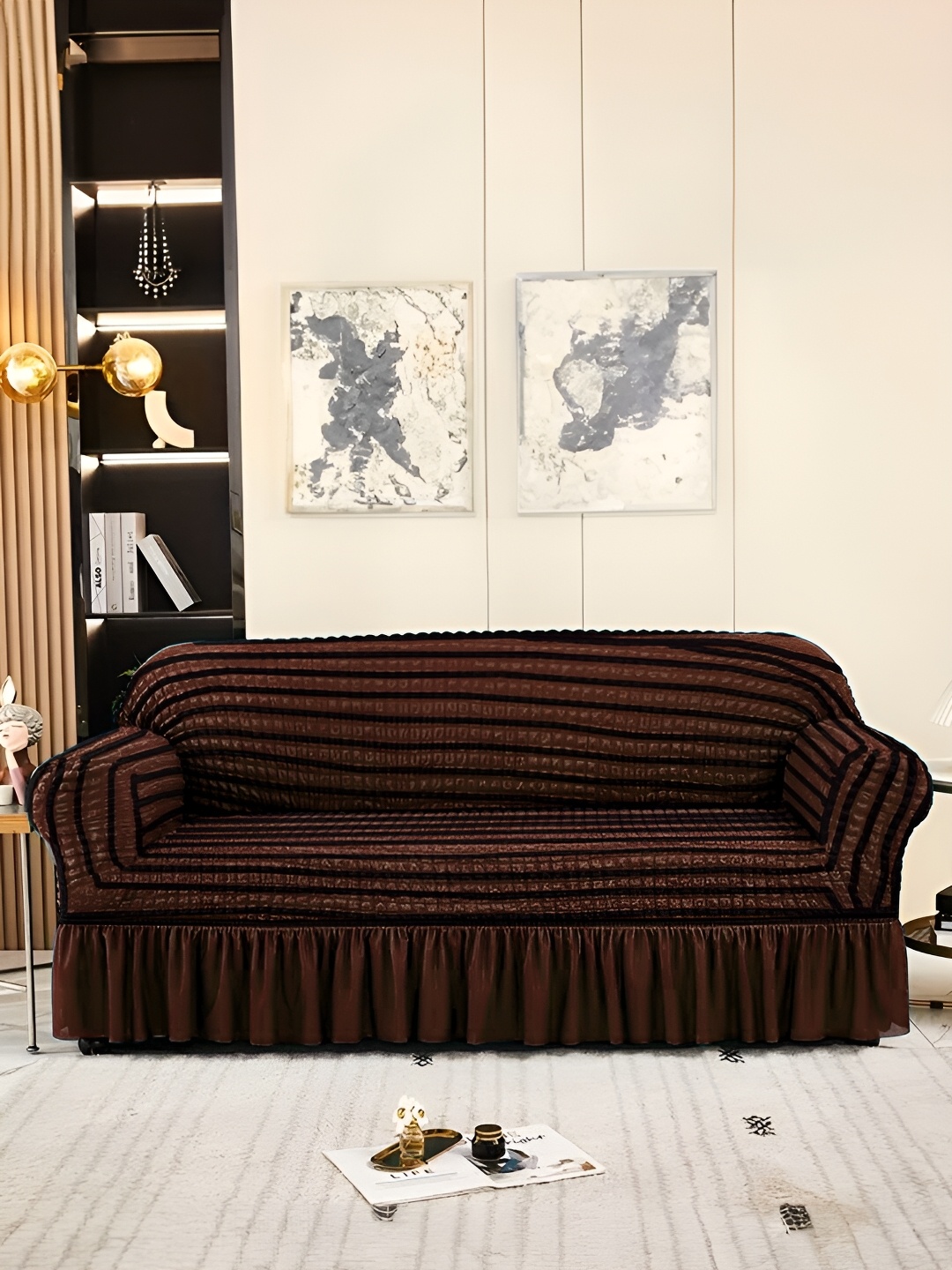 

Aura Brown & Black Stretchable Bubble Three Seater Sofa Cover With Skirt