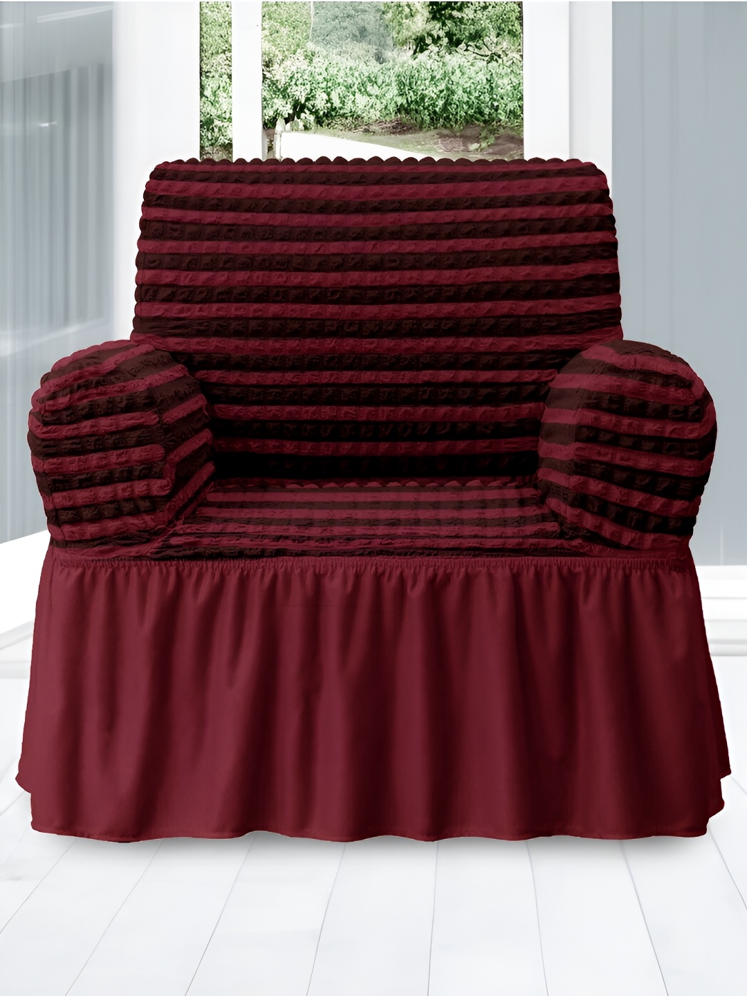 

Aura Maroon & Brown Stretchable Bubble One Seater Sofa Cover With Skirt