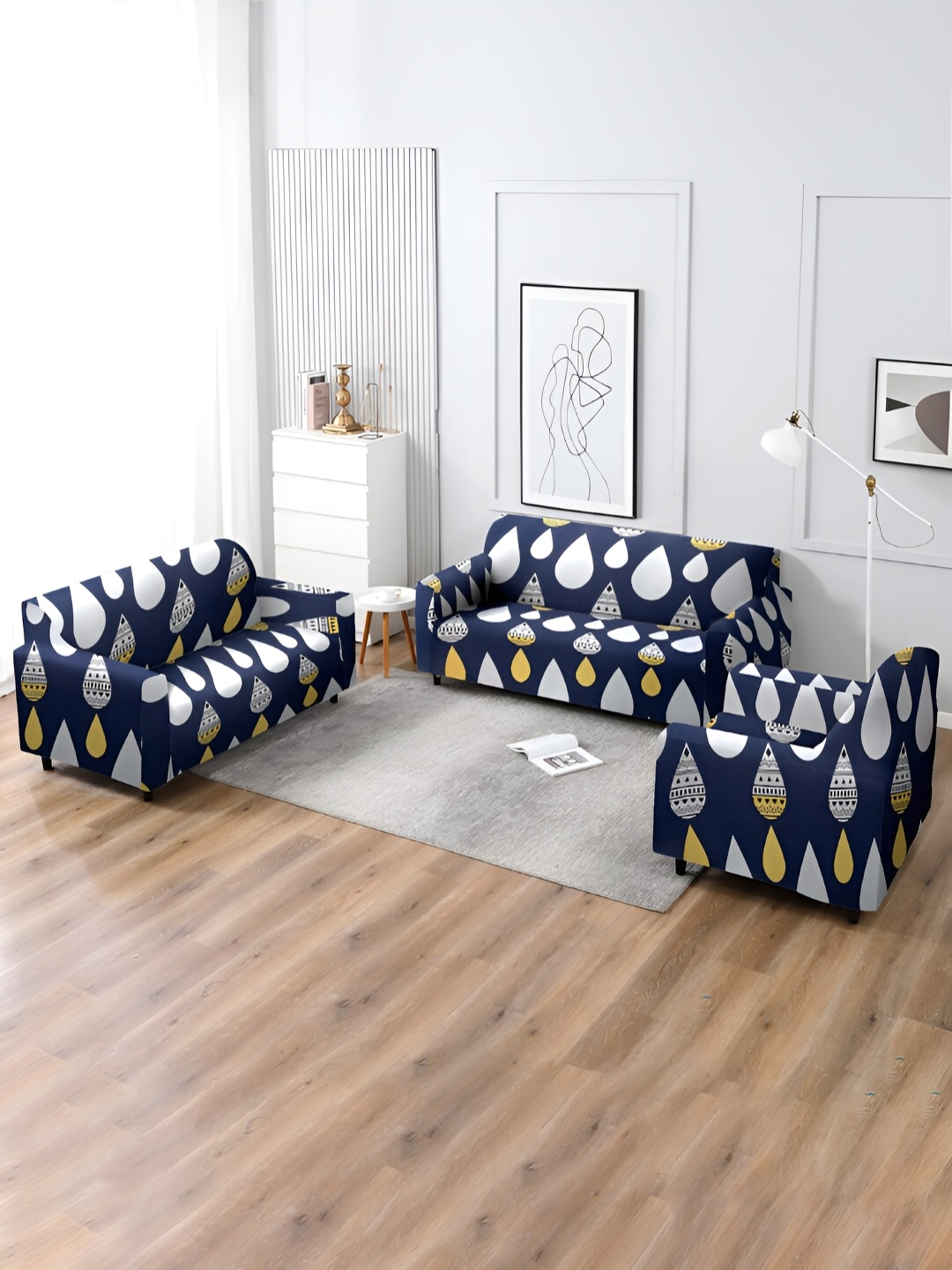 

Aura Navy Blue & White 3 Pieces Strechable Sofa Covers