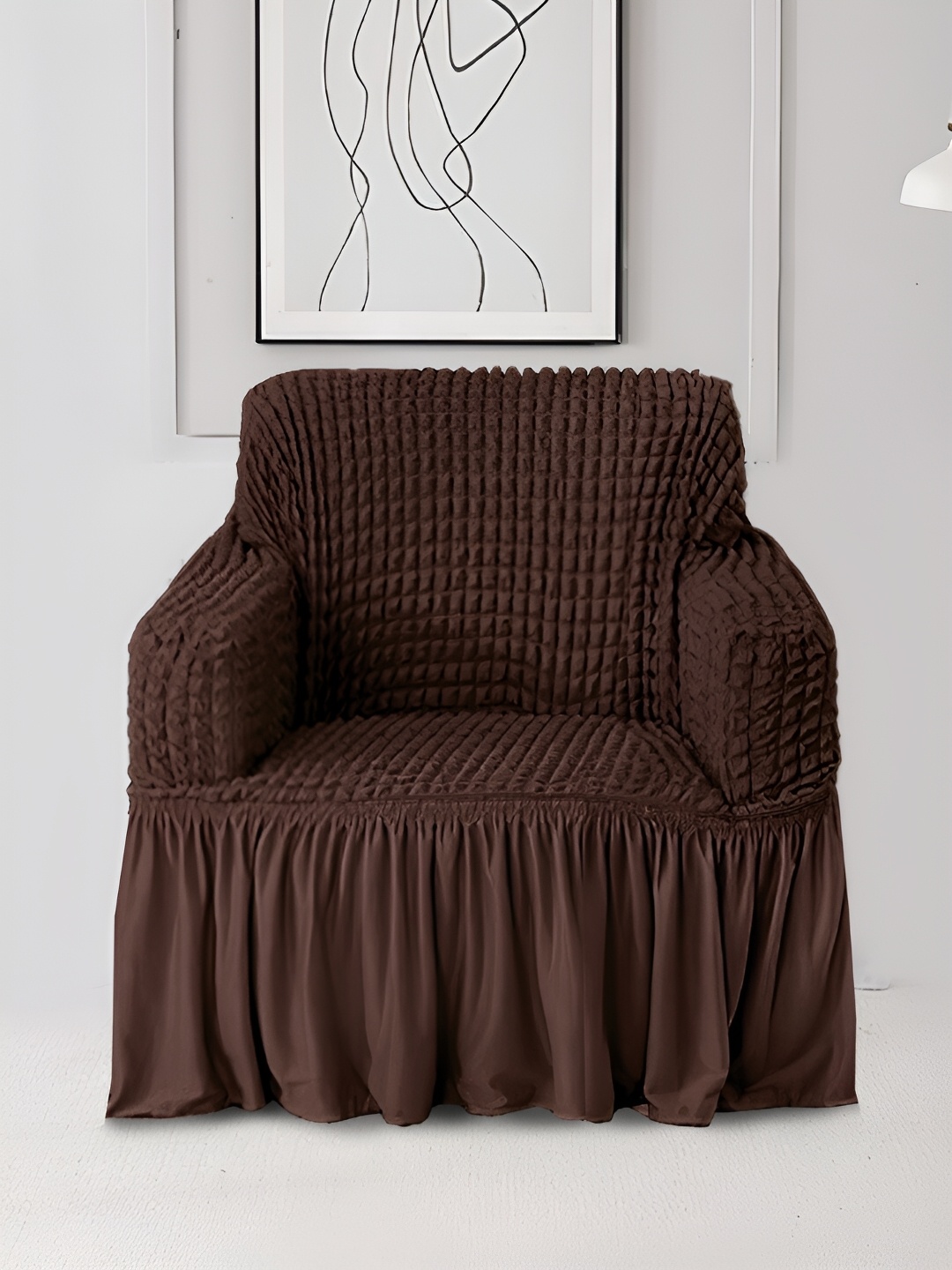 

Aura Brown Stretchable Bubble One Seater Sofa Cover With Skirt