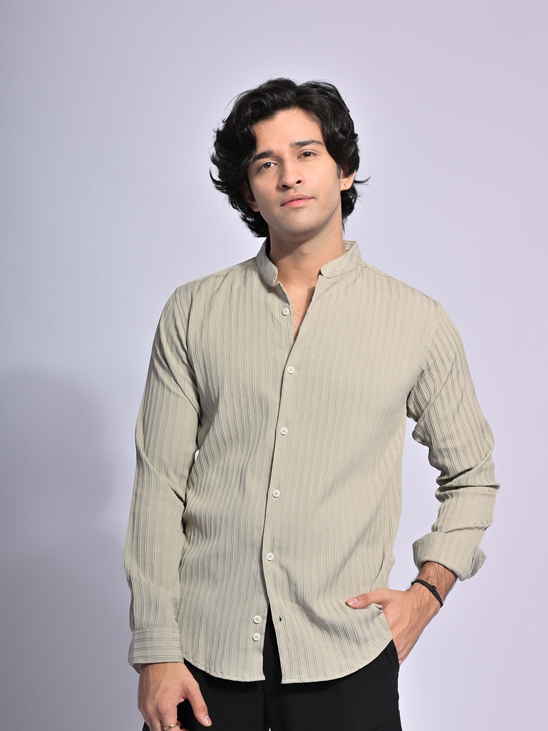 

PIRAMYD CLUB Classic Striped Mandarin Collar Long Sleeves Casual Shirt, Grey