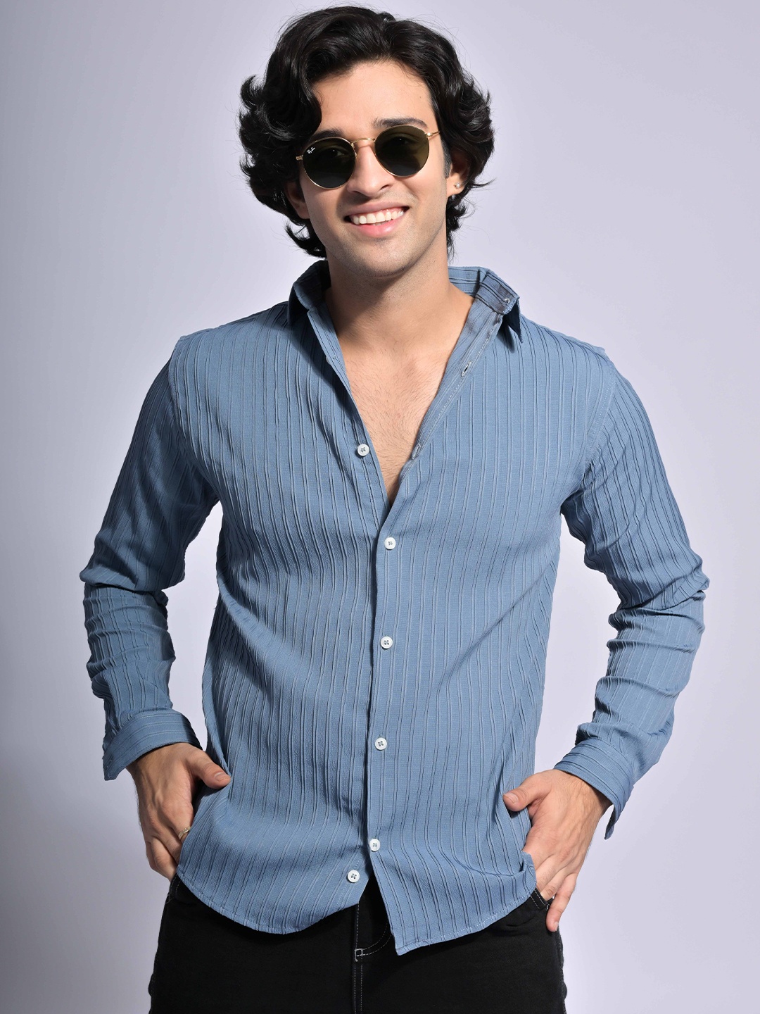 

PIRAMYD CLUB Classic Striped Spread Collar Long Sleeves Casual Shirt, Blue
