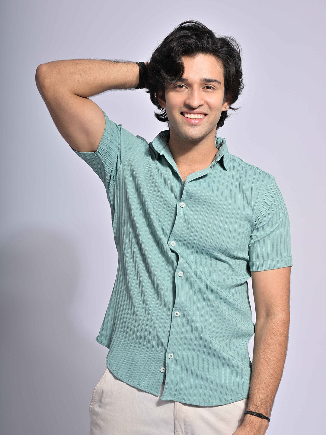 

PIRAMYD CLUB Striped Spread Collar Short Sleeves Casual Shirt, Sea green