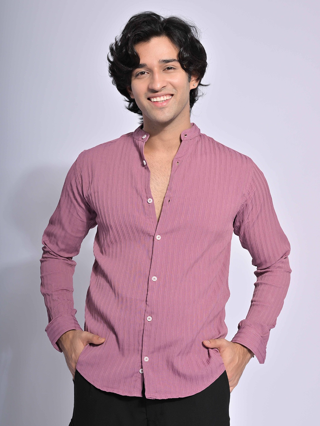 

PIRAMYD CLUB Striped Spread Collar Long Sleeves Casual Shirt, Pink