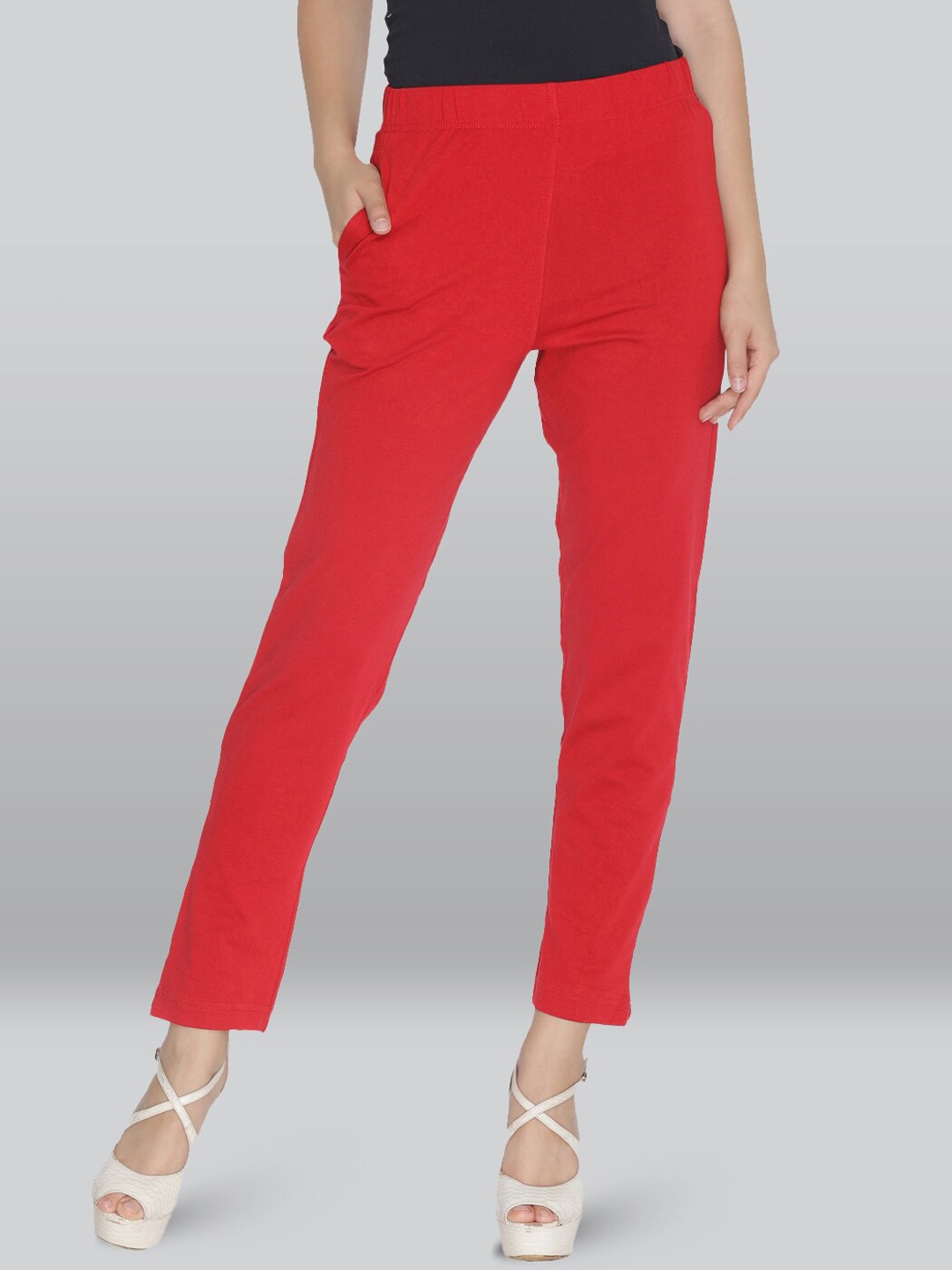 

LYRA Women Pencil Easy Wash Slim Fit Cotton Cigarette Trousers, Red