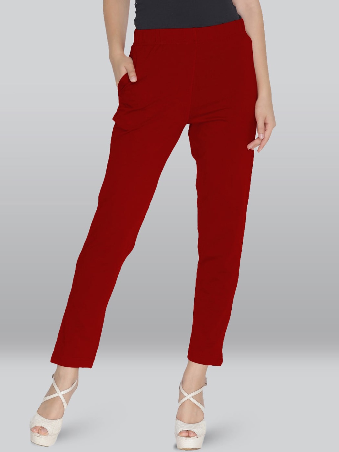 

LYRA Women Pencil Slim Fit Easy Wash Cotton Trousers, Red