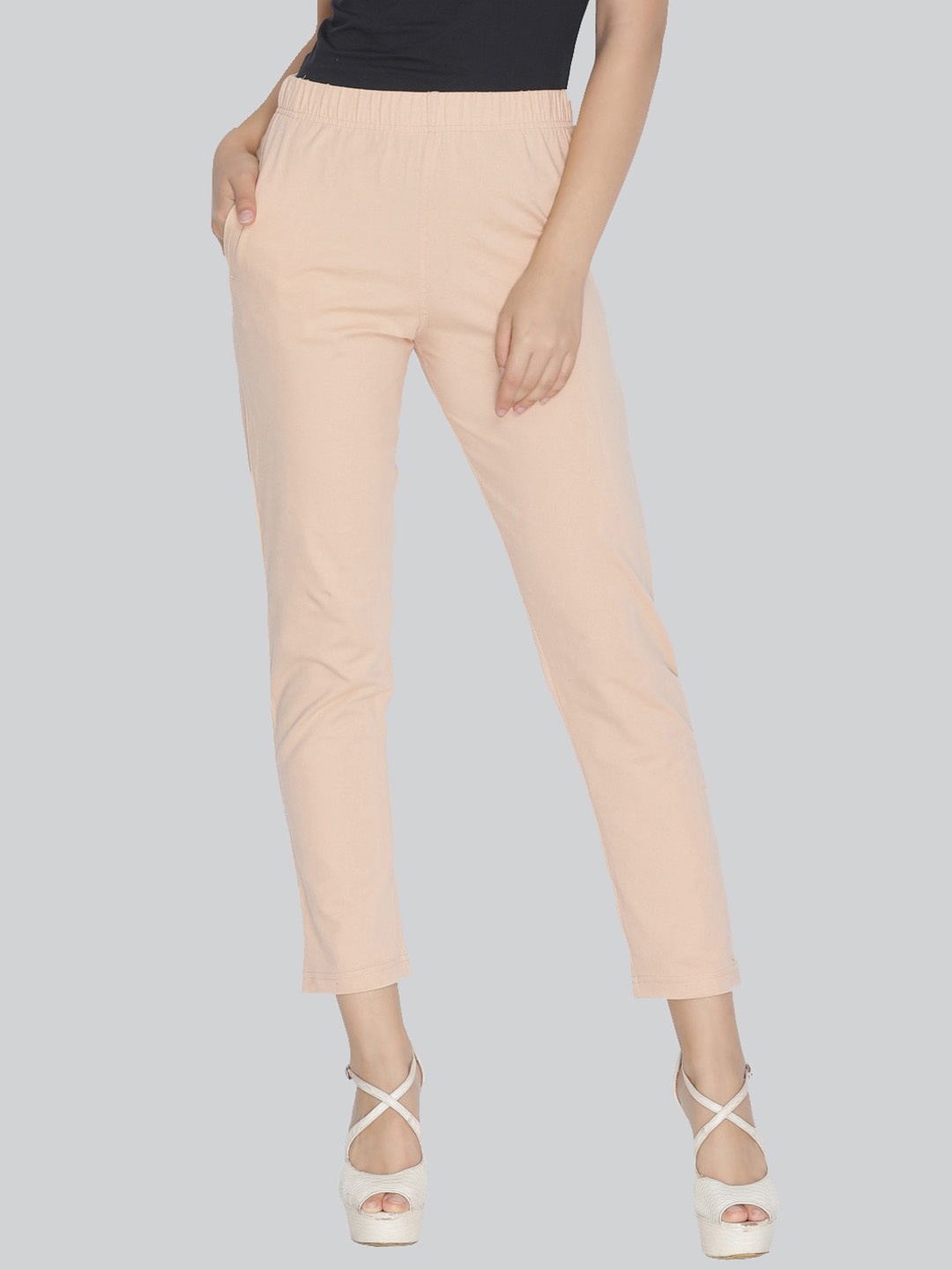

LYRA Women Pencil Slim Fit Easy Wash Cotton Cropped Trousers, Nude