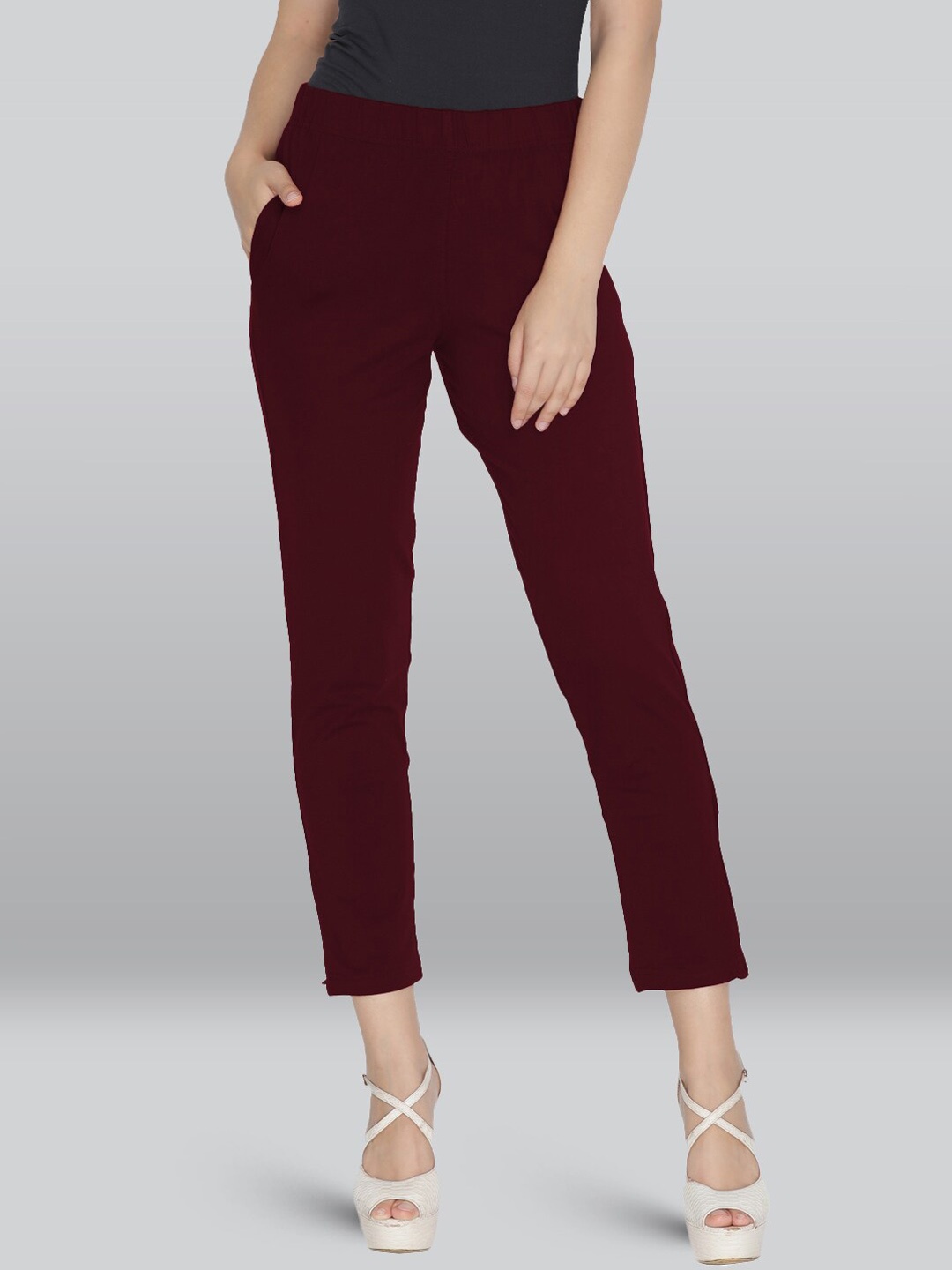 

LYRA Women Pencil Easy Wash Slim Fit Cotton Cigarette Trousers, Maroon