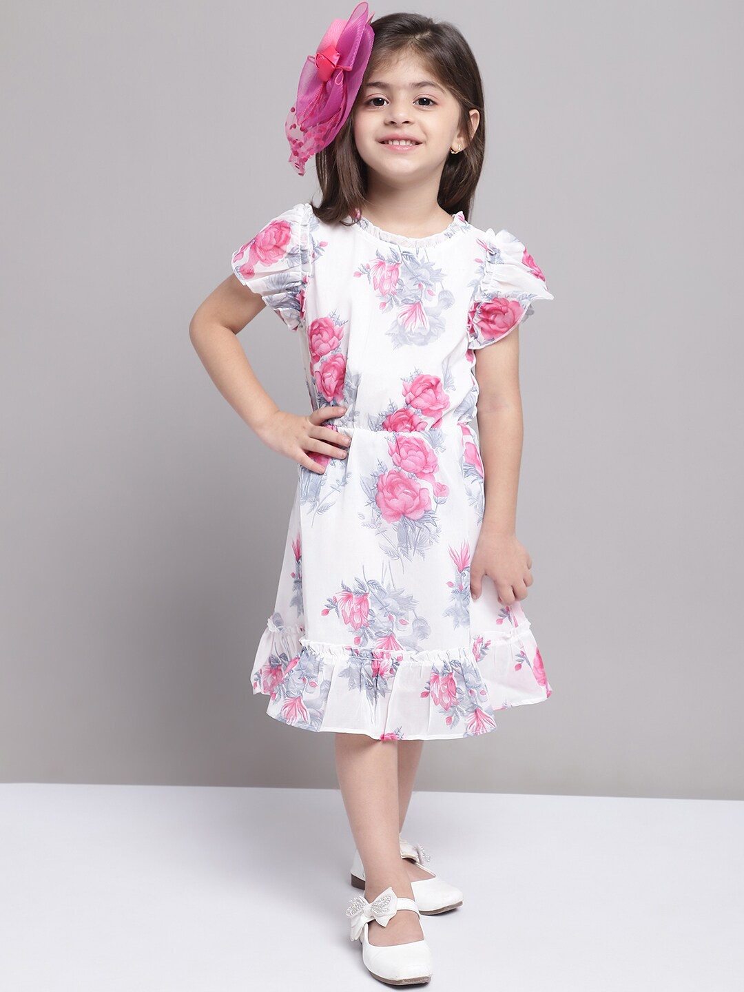 

MINI & MING Girls Floral Printed Georgette A-Line Midi Dress, White