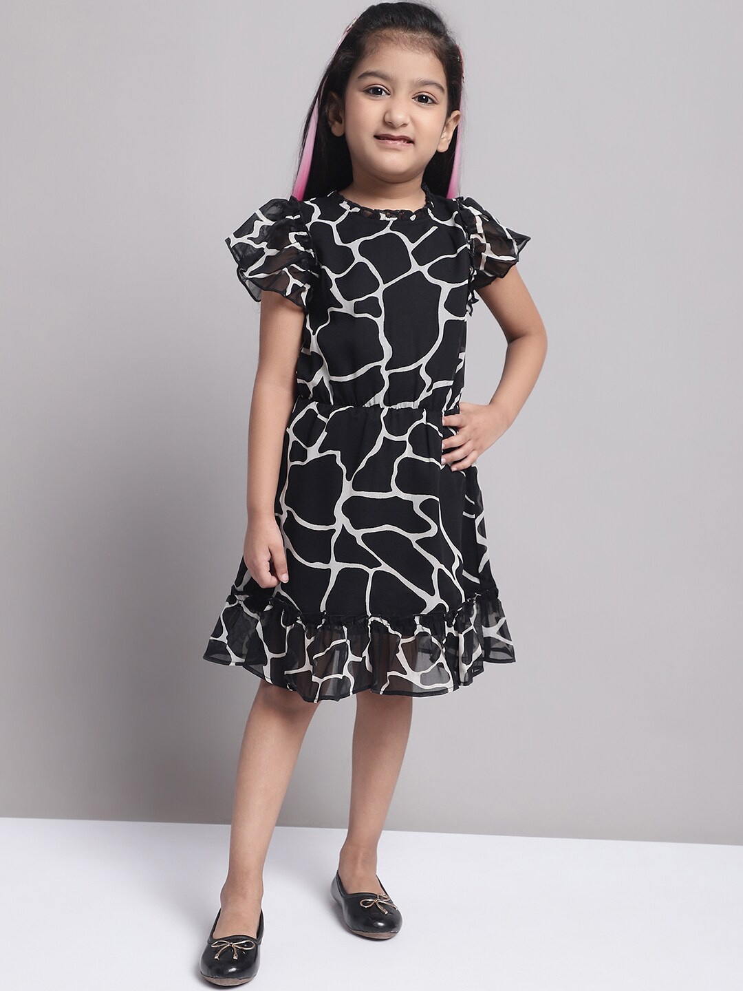 

MINI & MING Girls Printed Georgette A-Line Dress, Black