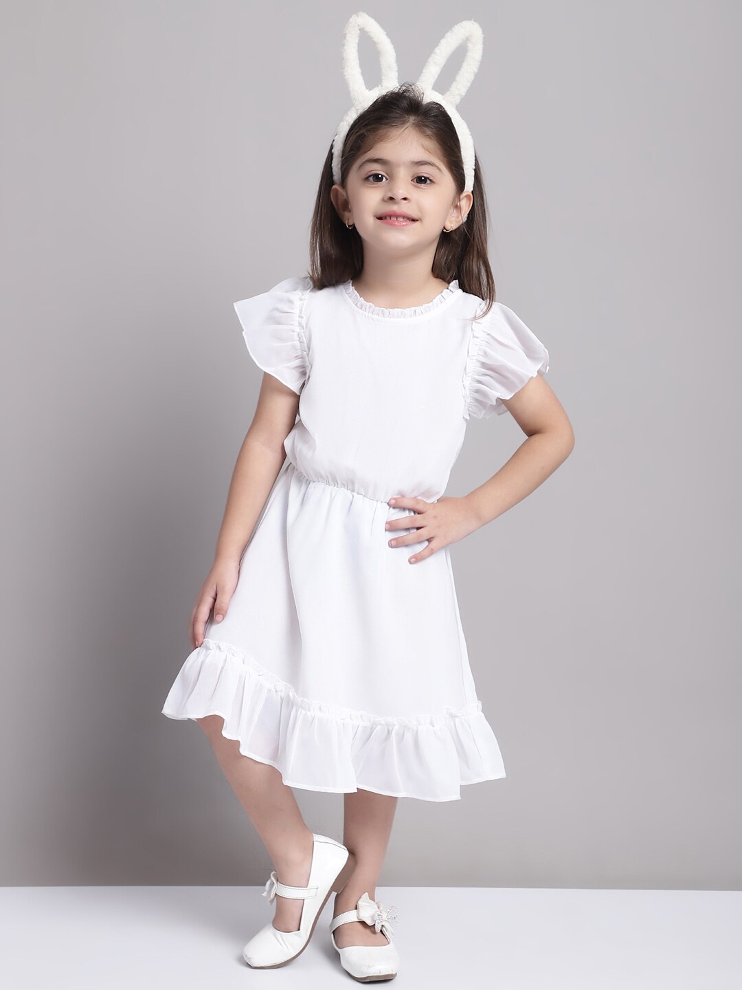 

MINI & MING Girls Flutter Sleeve Georgette Fit & Flare Dress, White