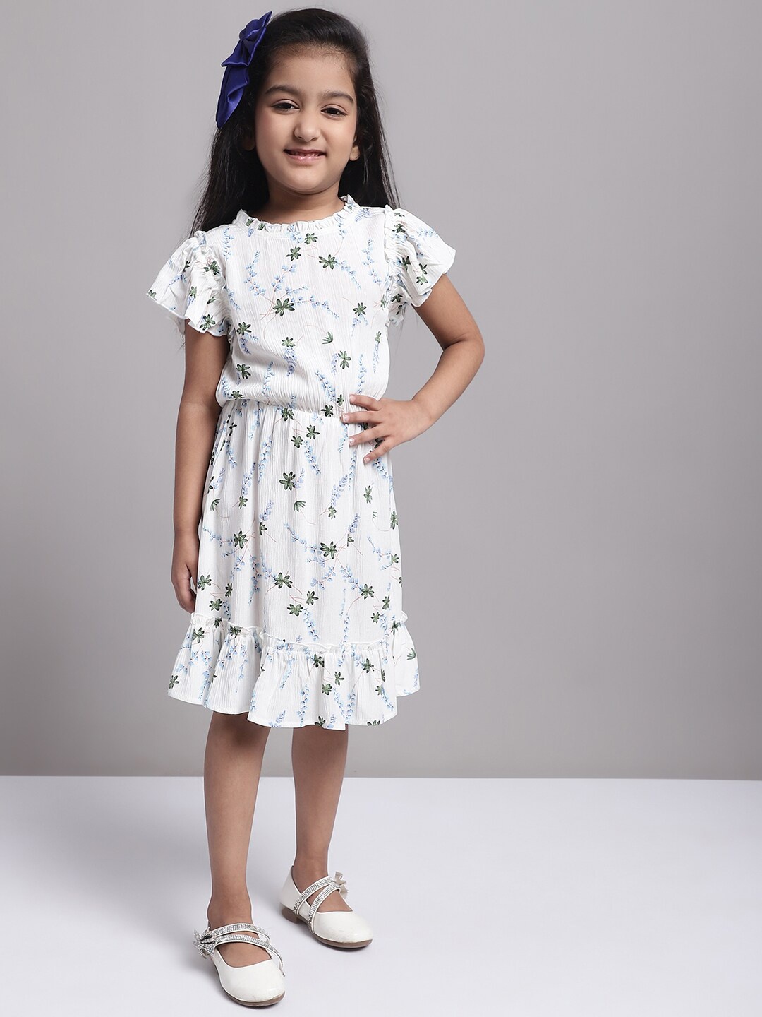 

MINI & MING Girls Floral Printed Flutter Sleeve Fit & Flare Dress, Cream