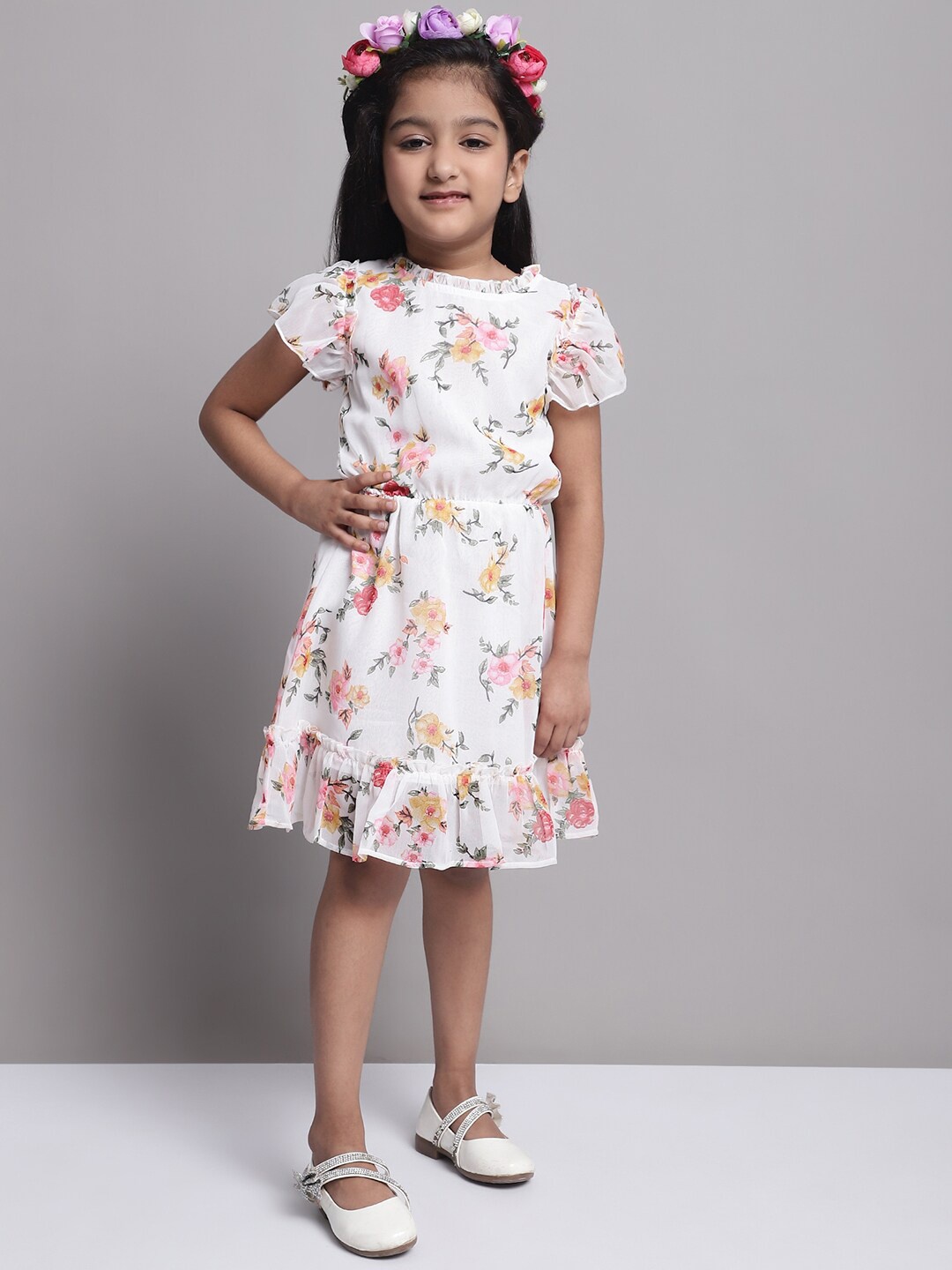 

MINI & MING Girls Floral Printed Flutter Sleeve Georgette Fit & Flare Dress, Off white