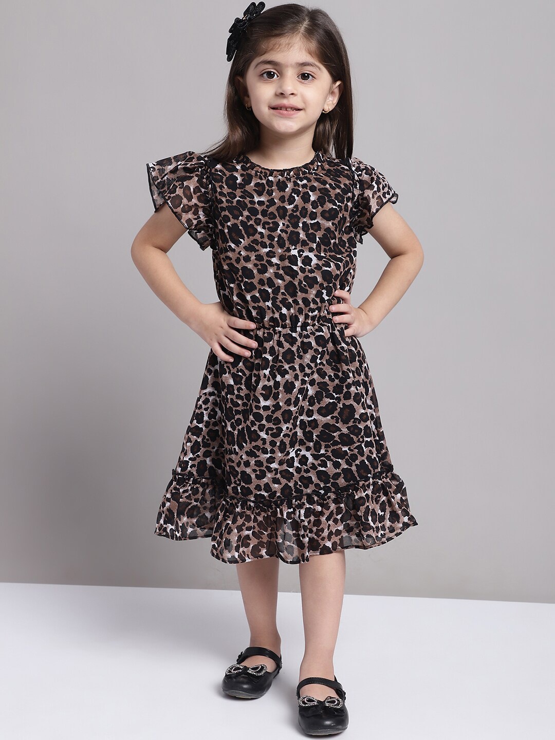 

MINI & MING Girls Animal Printed Flutter Sleeve Georgette A-Line Dress, Black