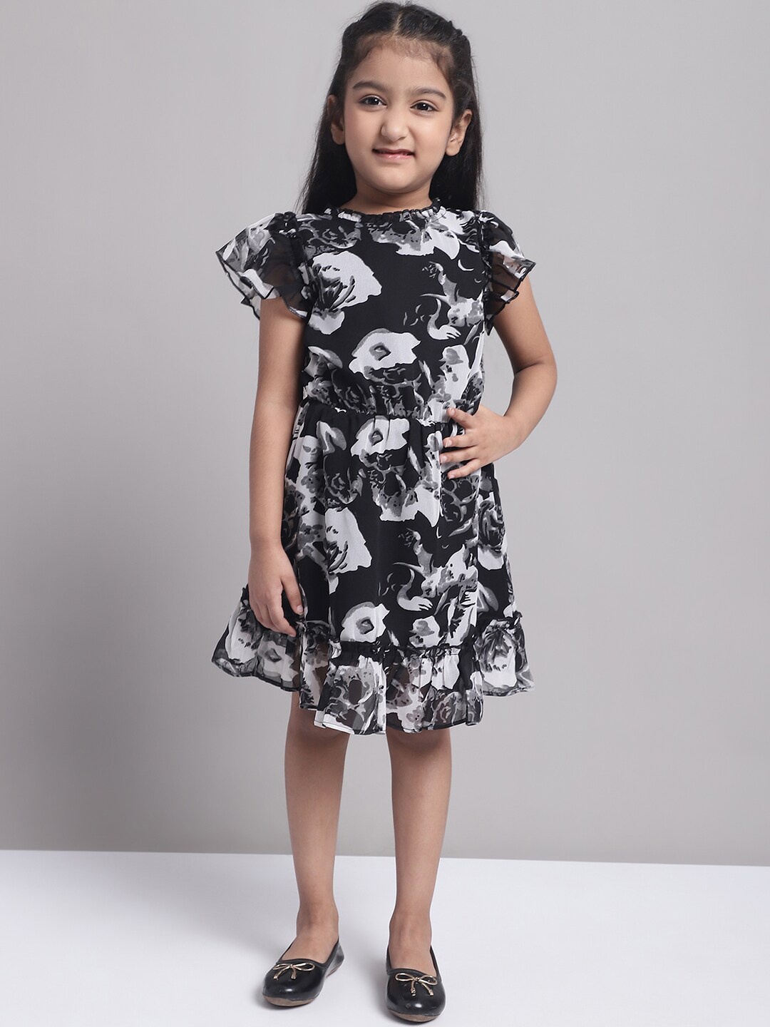 

MINI & MING Girls Floral Printed Georgette Fit & Flare Dress, Black