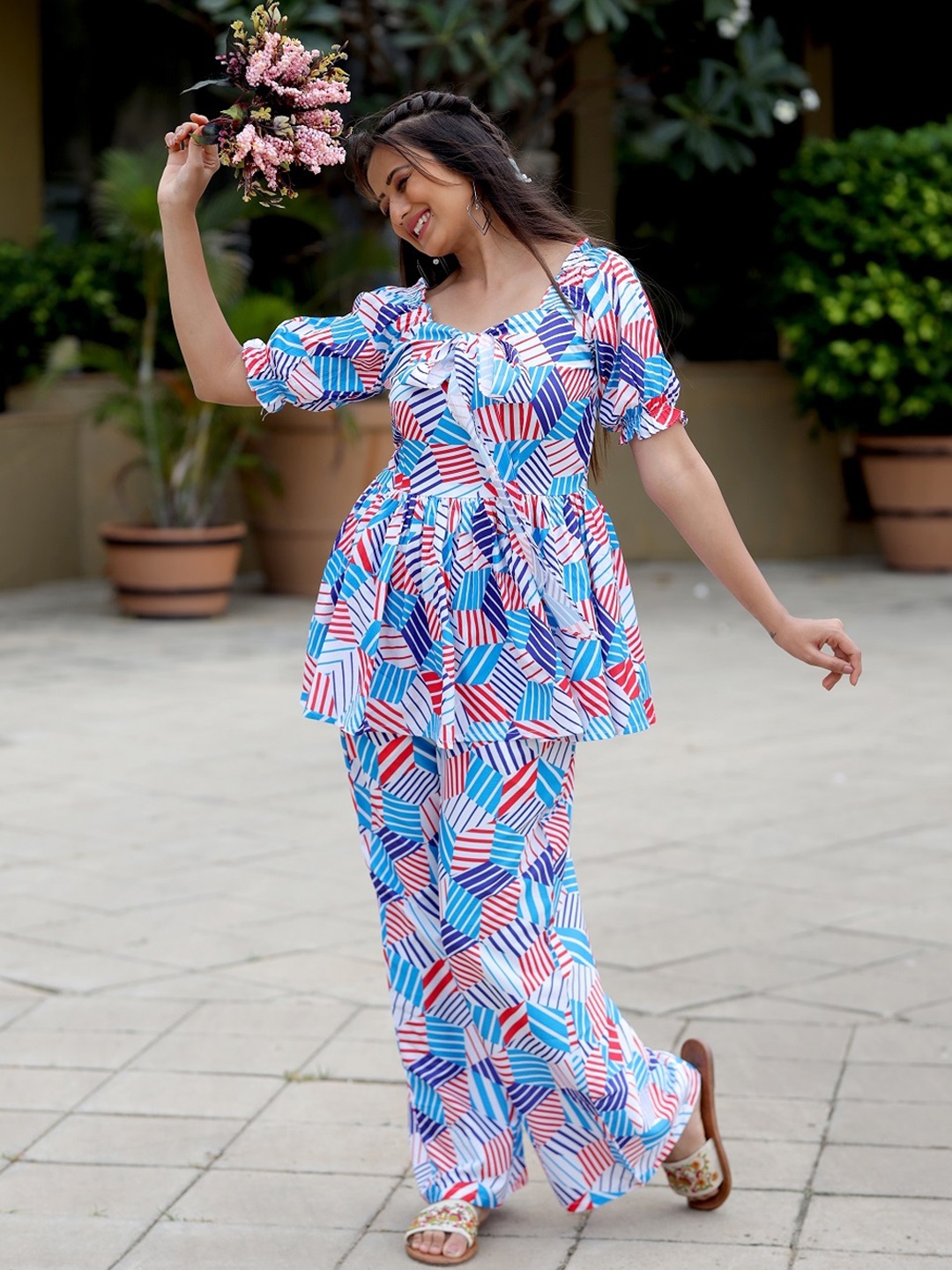 

Civamee Geometric Printed Tunic With Trousers Co-Ords Set, Blue