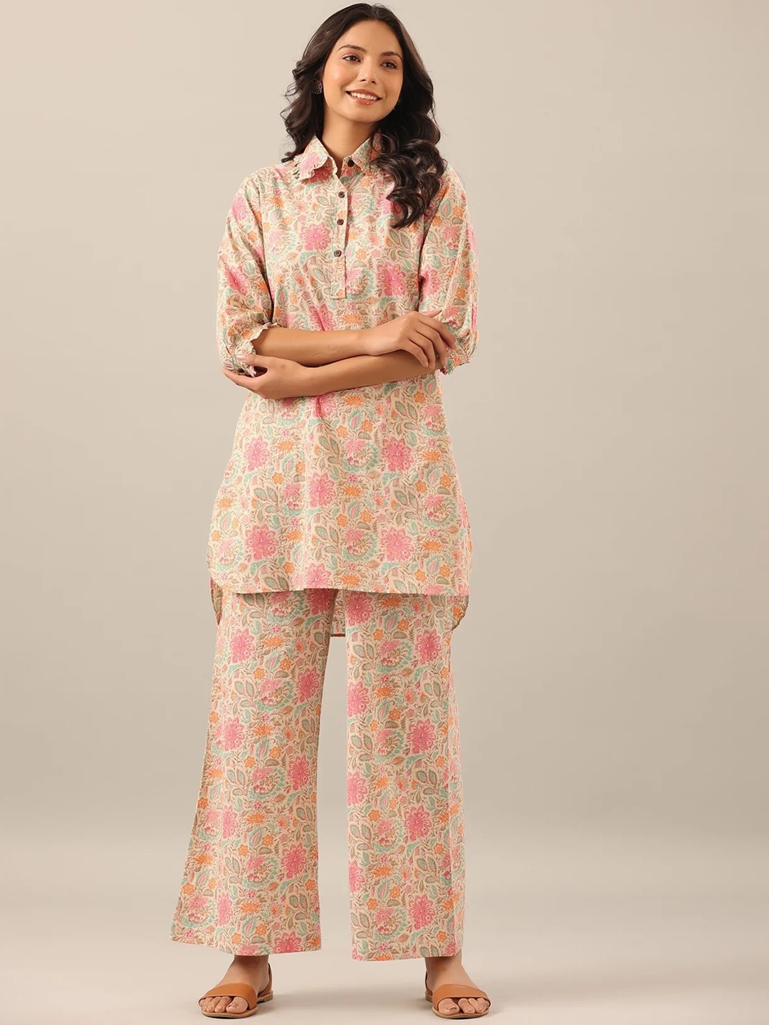 

Civamee Floral Printed Shirt Collar Tunic & Palazzos Co-Ords, Beige