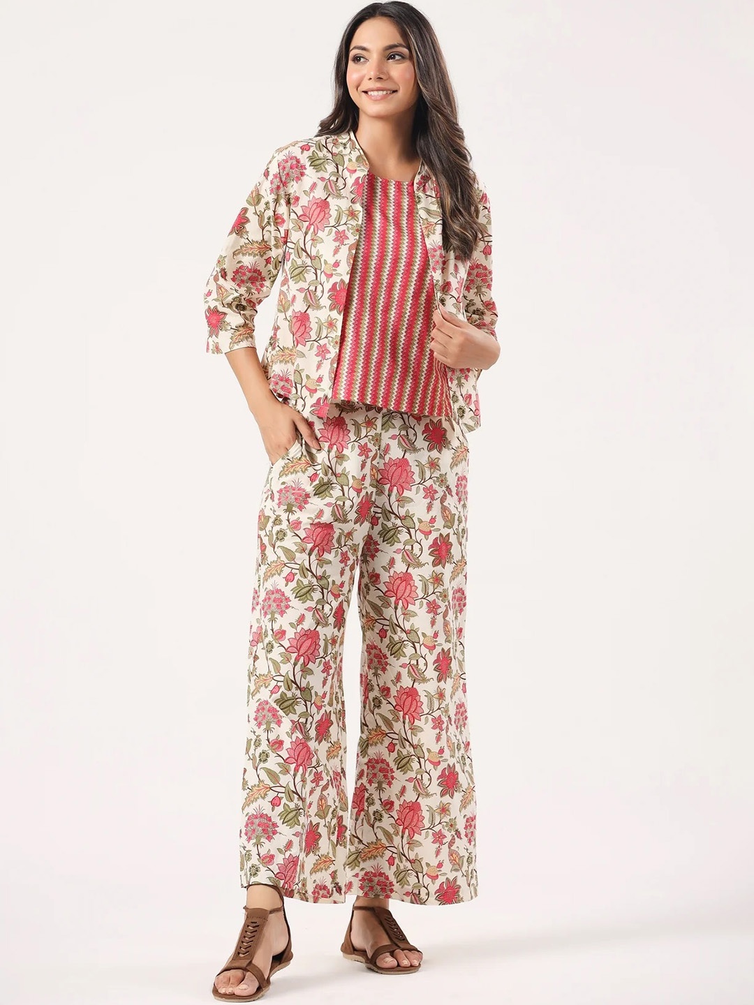 

Civamee Striped Sleeveless Top & Floral Printed Trouser With Shrug, Beige