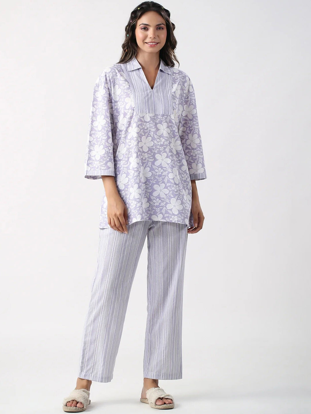 

Civamee Floral Printed Shirt Collar Tunic With Trouser, Grey