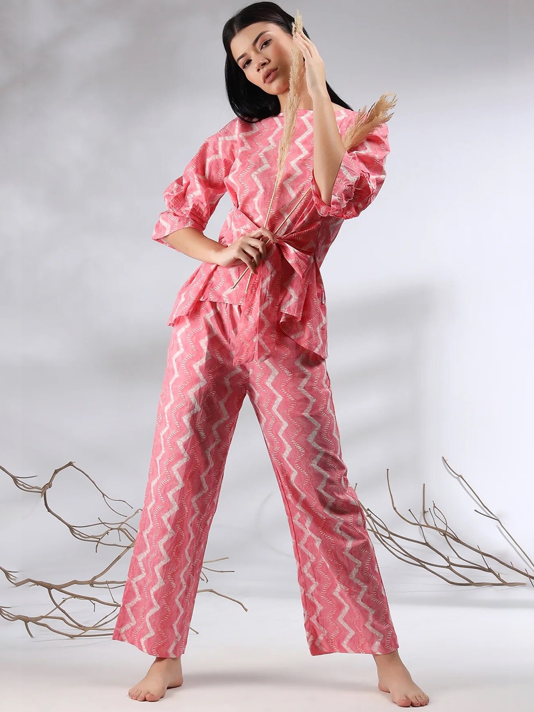 

Civamee Chevron Printed Tunic & Palazzo Co-Ord, Pink